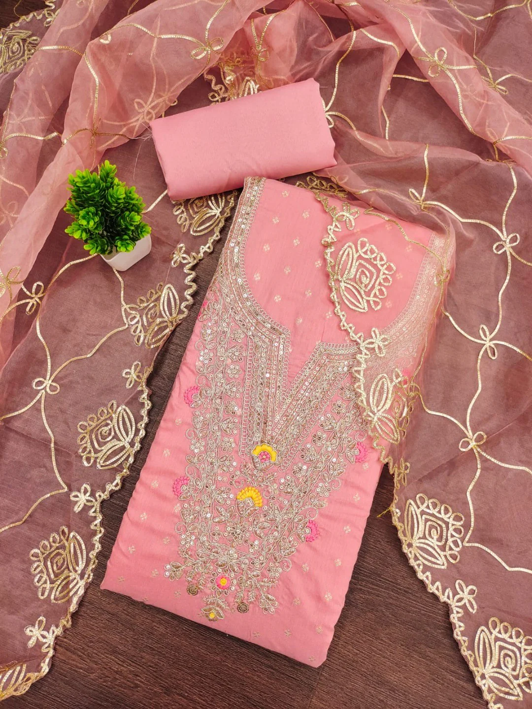 Peach Chanderi Dress Material Featuring Intricate Thread Embroidery - Image 3