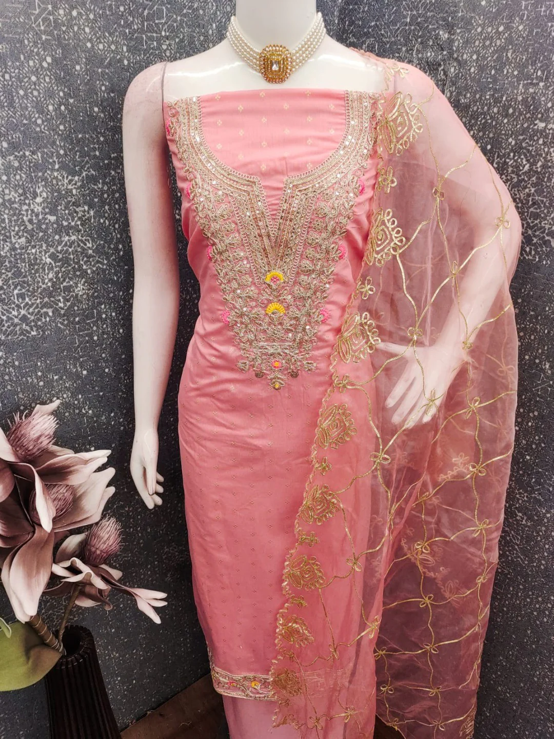Peach Chanderi Dress Material Featuring Intricate Thread Embroidery - Image 5