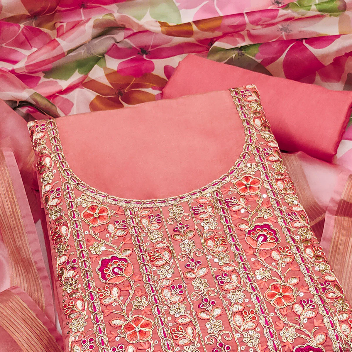 Peach Chanderi Silk Unstitched Suit with Embroidered Detailing - Image 2