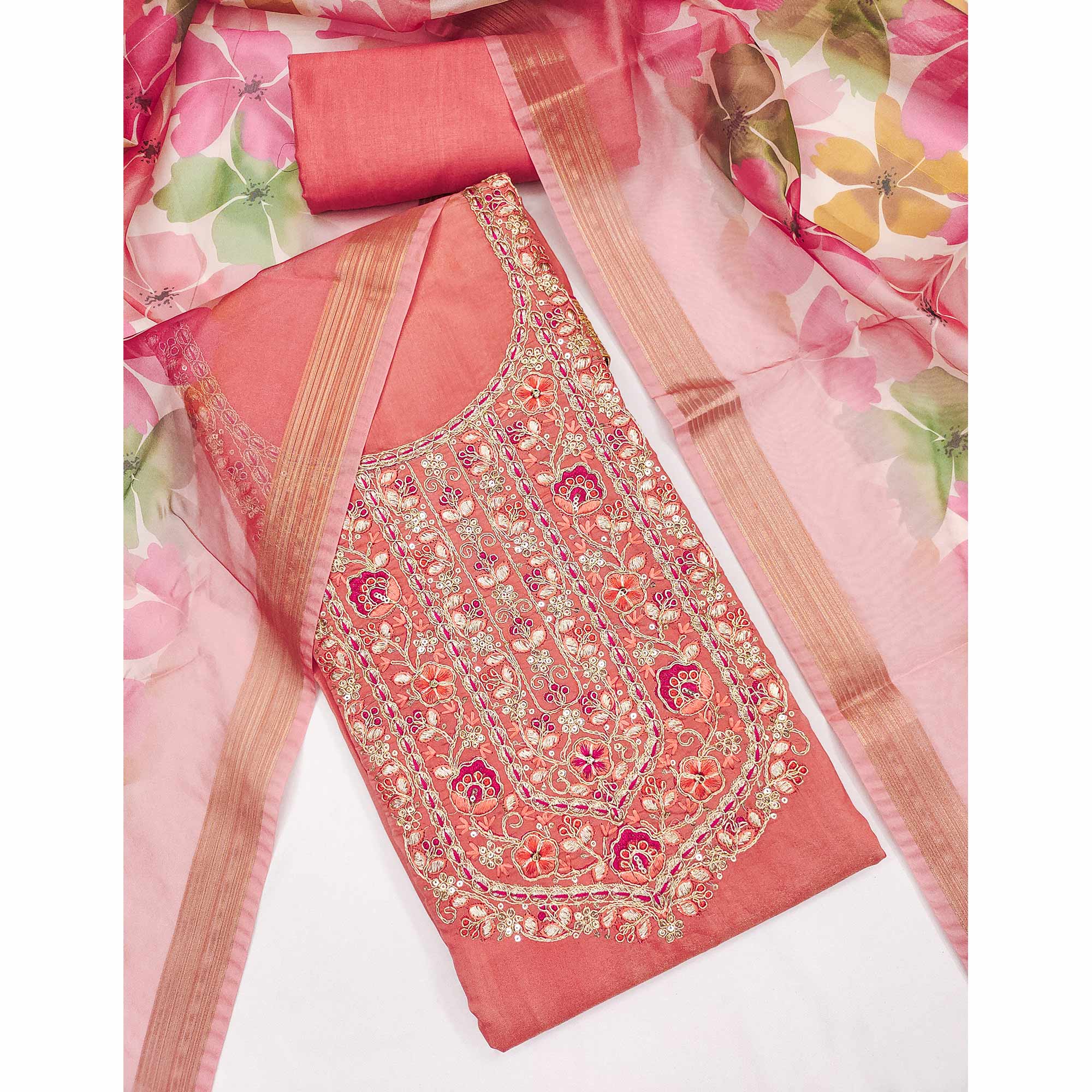 Peach Chanderi Silk Unstitched Suit with Embroidered Detailing - Image 3