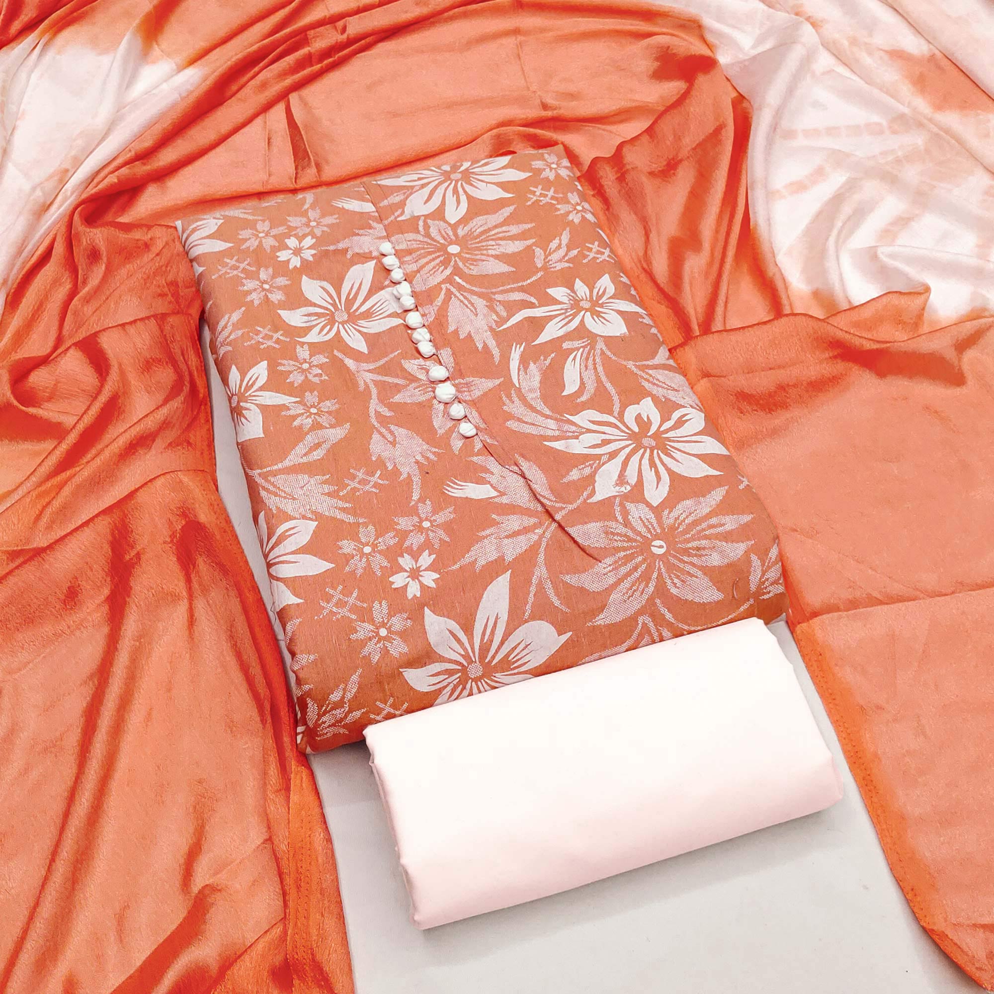 Peach Cotton Blend Dress Material Adorned With Floral Printed Work - Image 3
