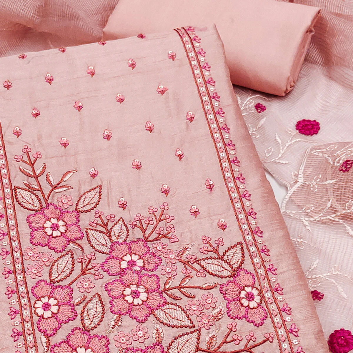 Peach Cotton Blend Dress Material Featuring Delicate Floral Embroidery & Sequins Work - Image 2
