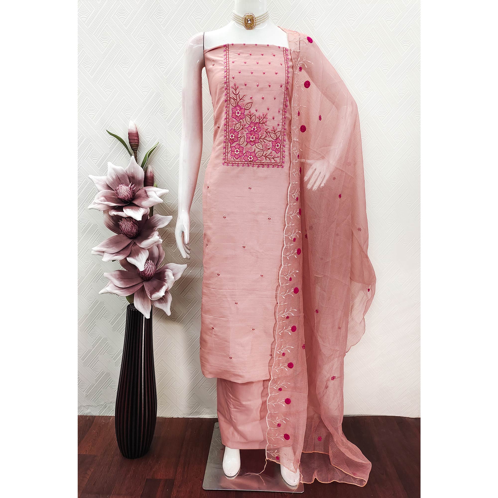 Peach Cotton Blend Dress Material Featuring Delicate Floral Embroidery & Sequins Work - Image 3