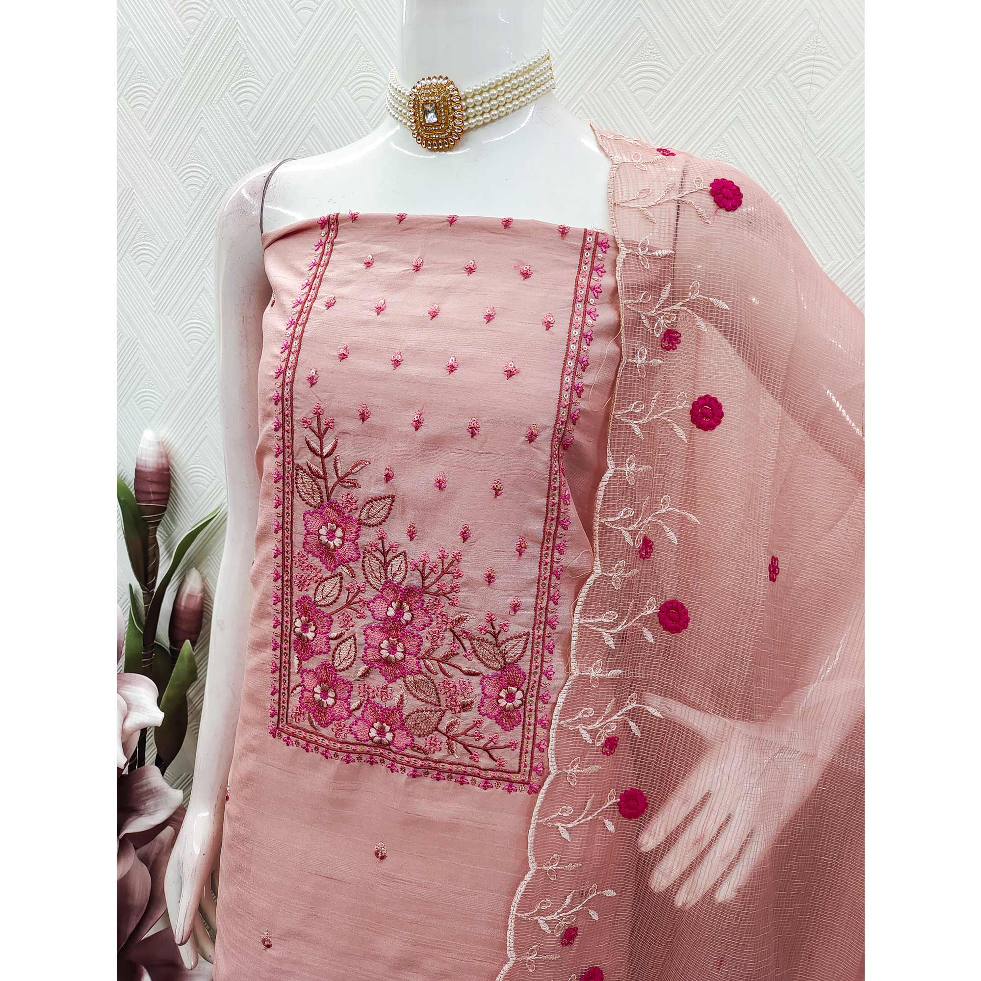 Peach Cotton Blend Dress Material Featuring Delicate Floral Embroidery & Sequins Work - Image 4