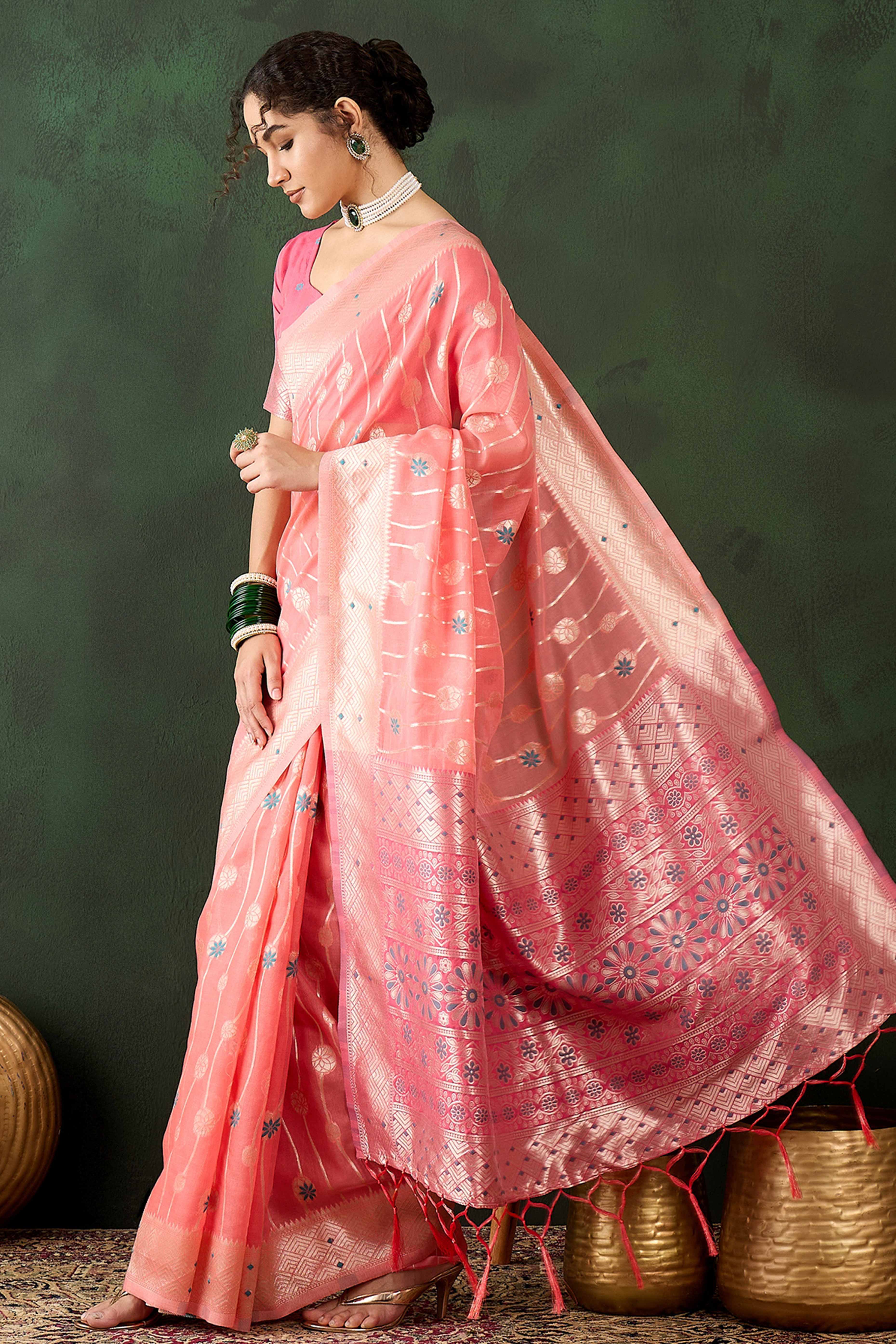 Peach Cotton Blend Saree Adorned With Intricate Floral Zari Weaving & A Stylish Tassel Pallu - Image 3