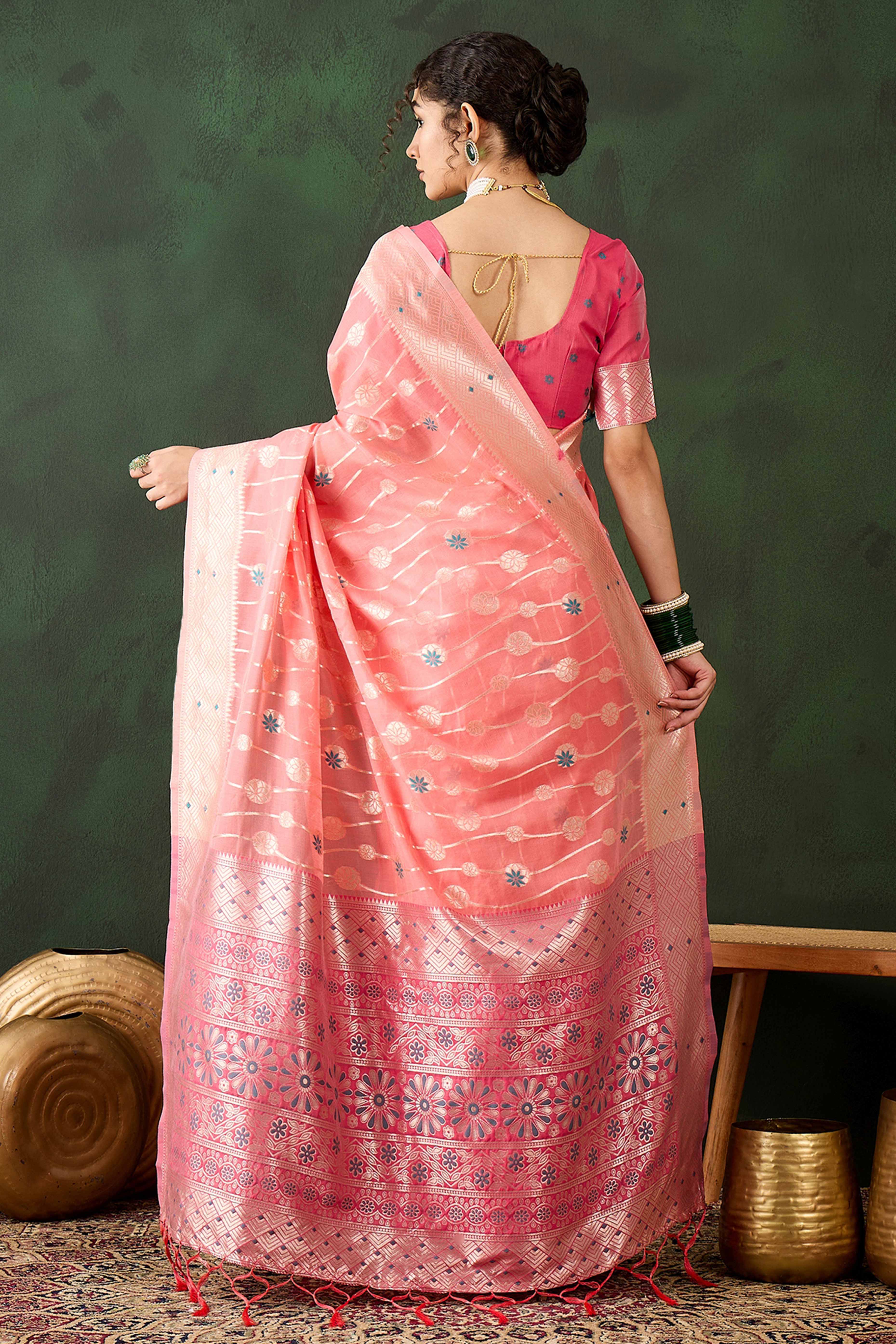 Peach Cotton Blend Saree Adorned With Intricate Floral Zari Weaving & A Stylish Tassel Pallu - Image 5