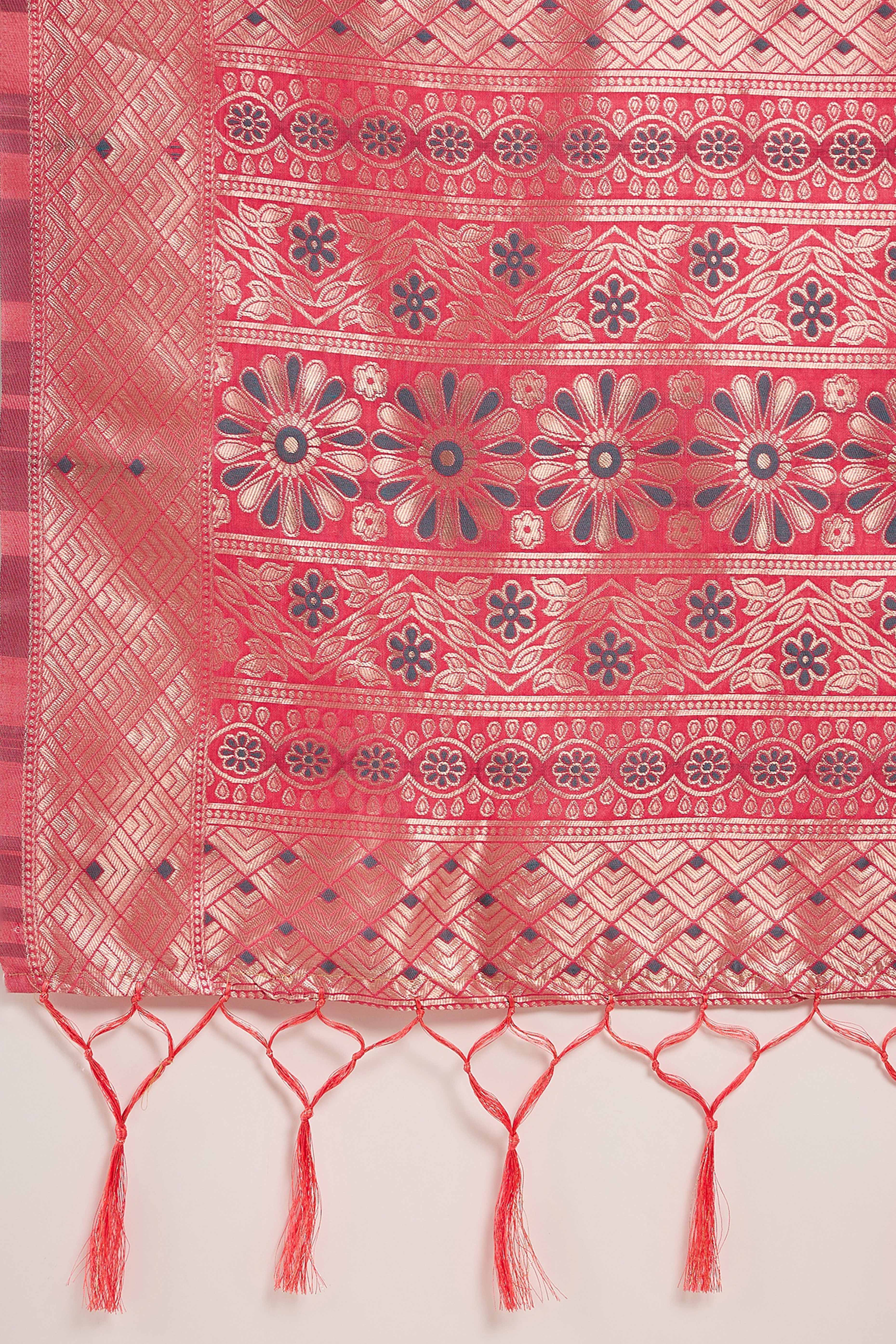 Peach Cotton Blend Saree Adorned With Intricate Floral Zari Weaving & A Stylish Tassel Pallu - Image 8