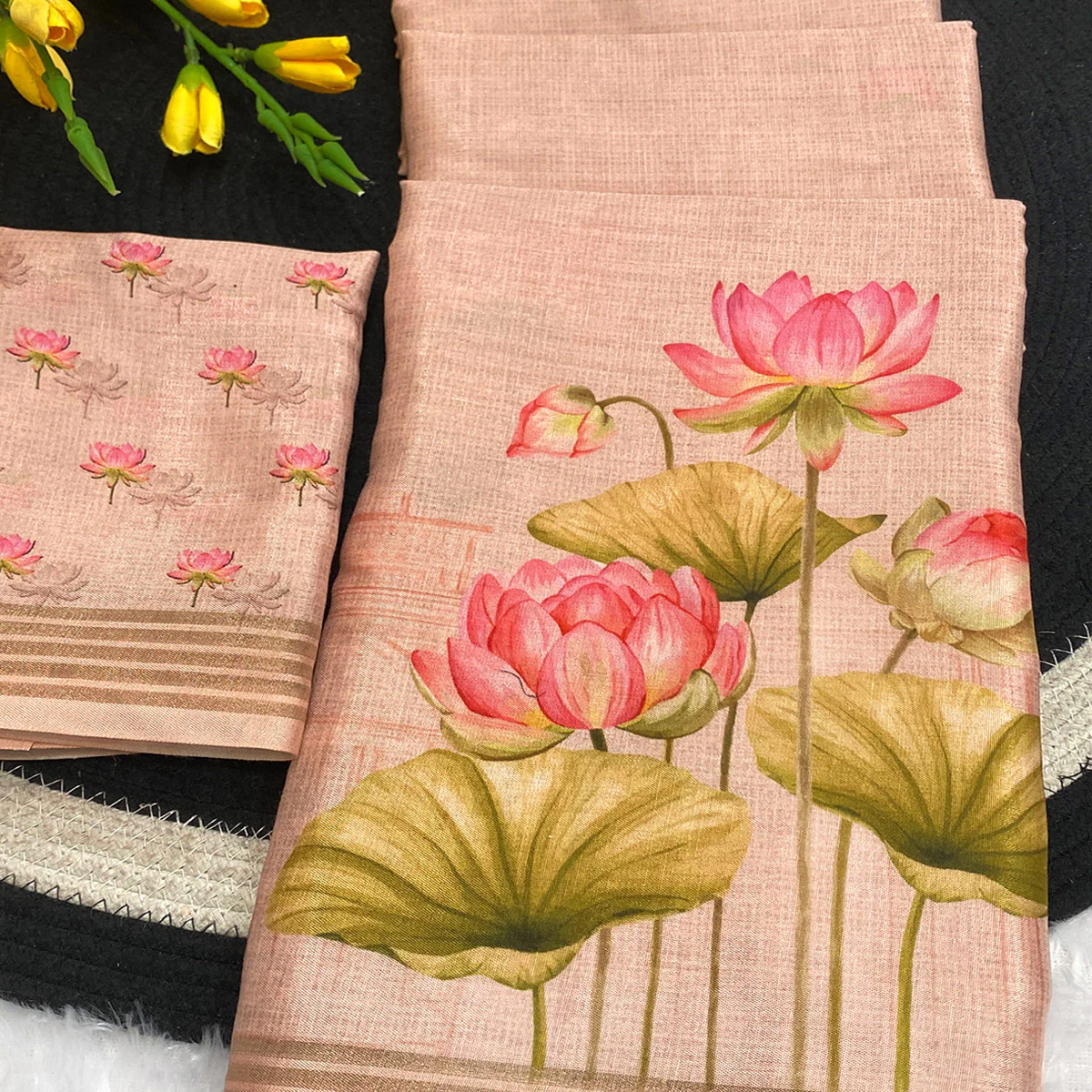 Peach Cotton Blend Tusser Saree Adorned With Radha Krishna & Floral Print With Zari Border - Image 2