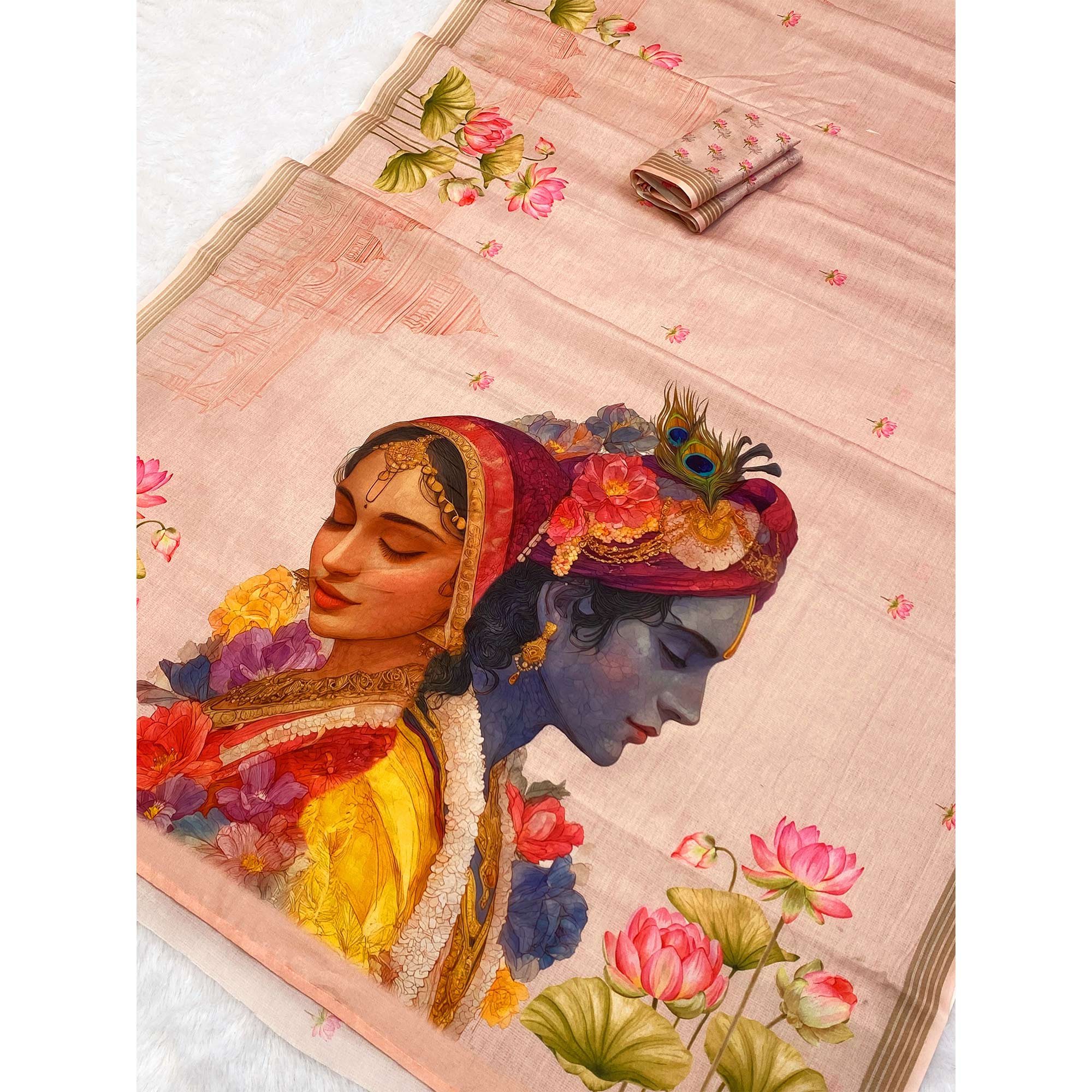 Peach Cotton Blend Tusser Saree Adorned With Radha Krishna & Floral Print With Zari Border - Image 5