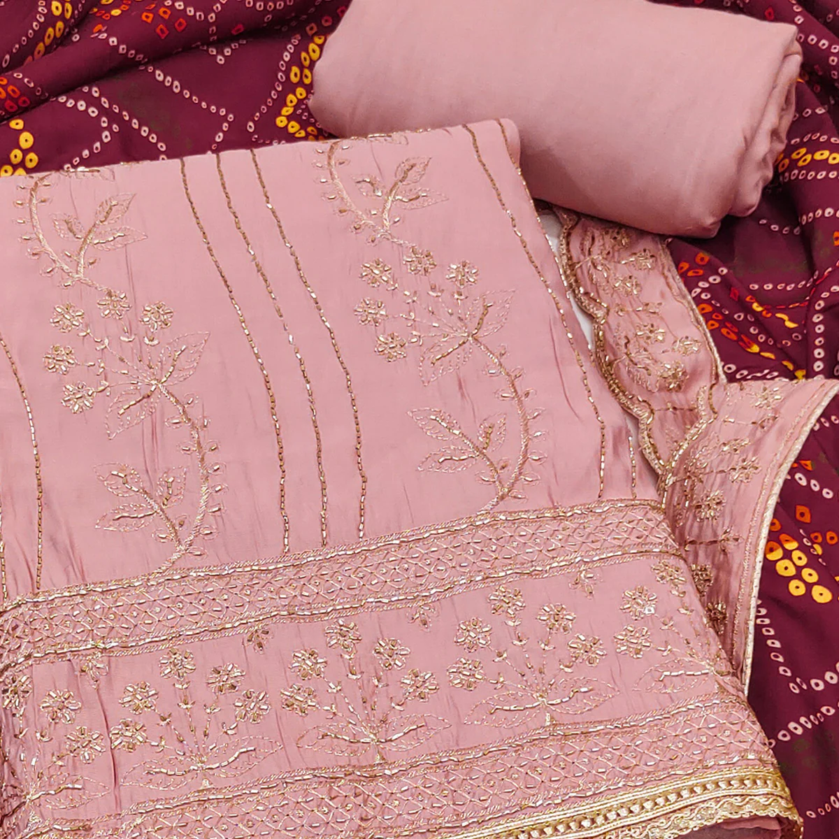 Peach Cotton Silk Dress Material Embellished With Elegant Floral Hand Embroidery Work - Image 2