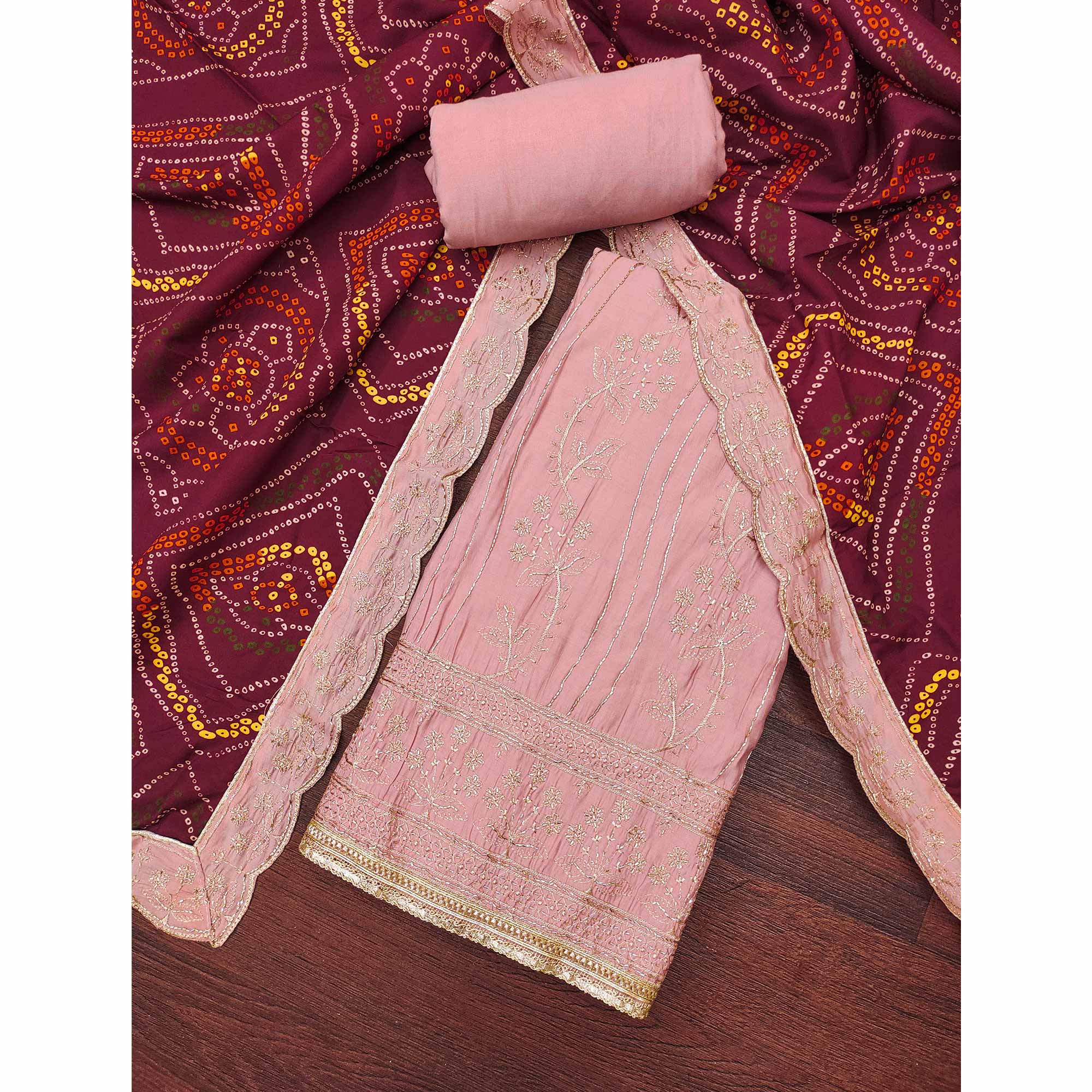 Peach Cotton Silk Dress Material Embellished With Elegant Floral Hand Embroidery Work - Image 3