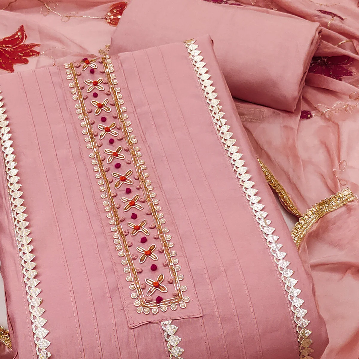 Peach Cotton Silk Dress Material Embellished With Elegant Moti Handwork & Delicate Gota Patti Lace - Image 2