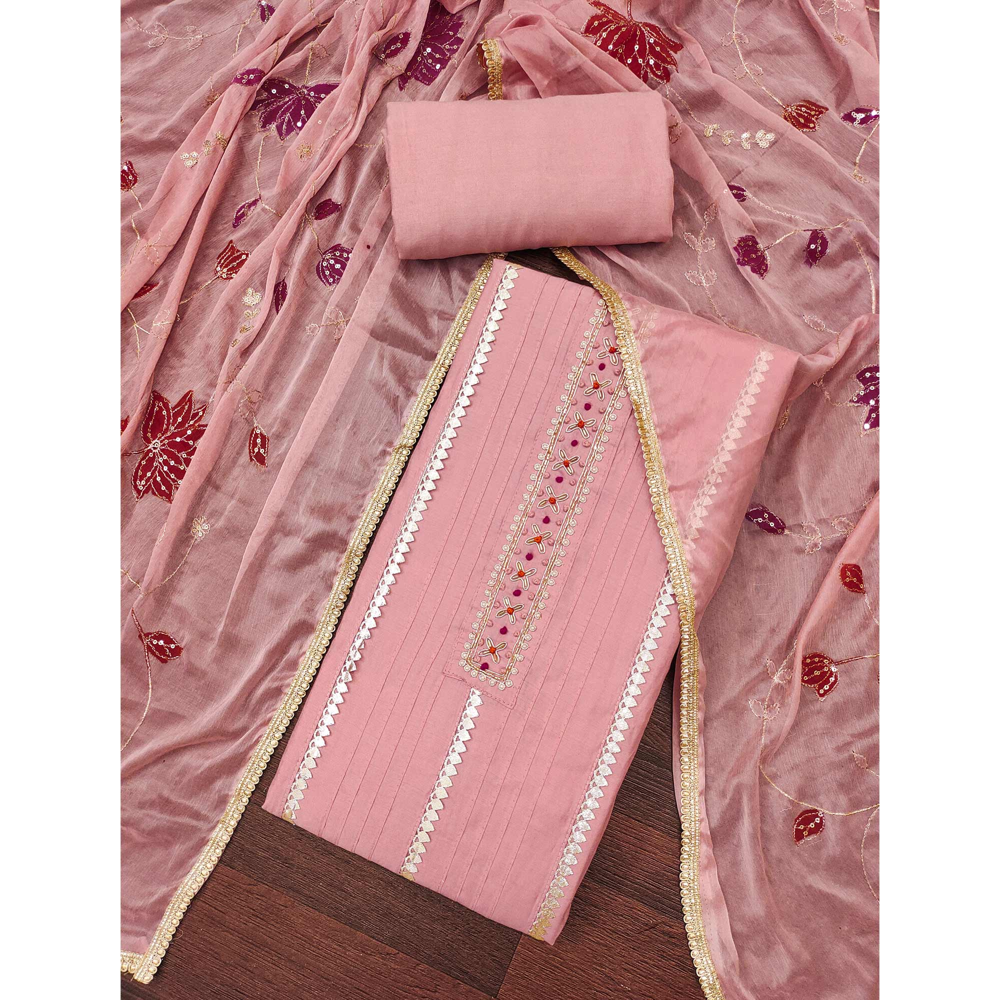 Peach Cotton Silk Dress Material Embellished With Elegant Moti Handwork & Delicate Gota Patti Lace - Image 3