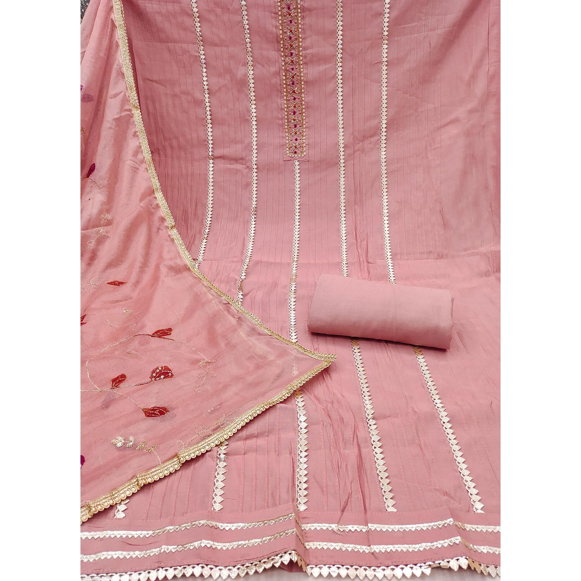 Peach Cotton Silk Dress Material Embellished With Elegant Moti Handwork & Delicate Gota Patti Lace - Image 4