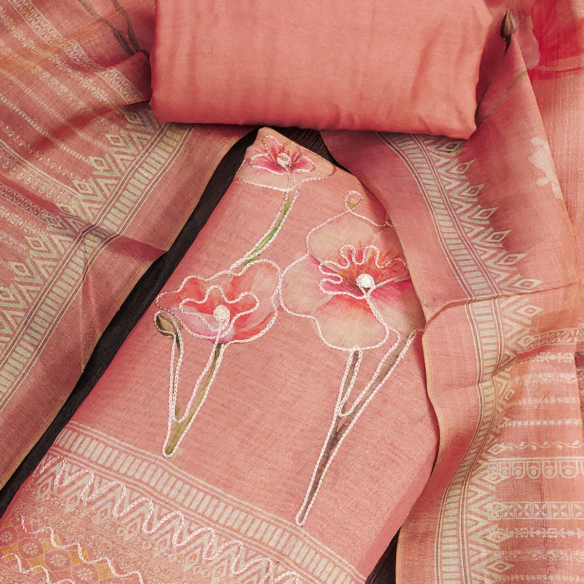 Peach Cotton Silk Dress Material Enhanced With Blooming Floral Digital Prints & Elegant Embroidery - Image 2