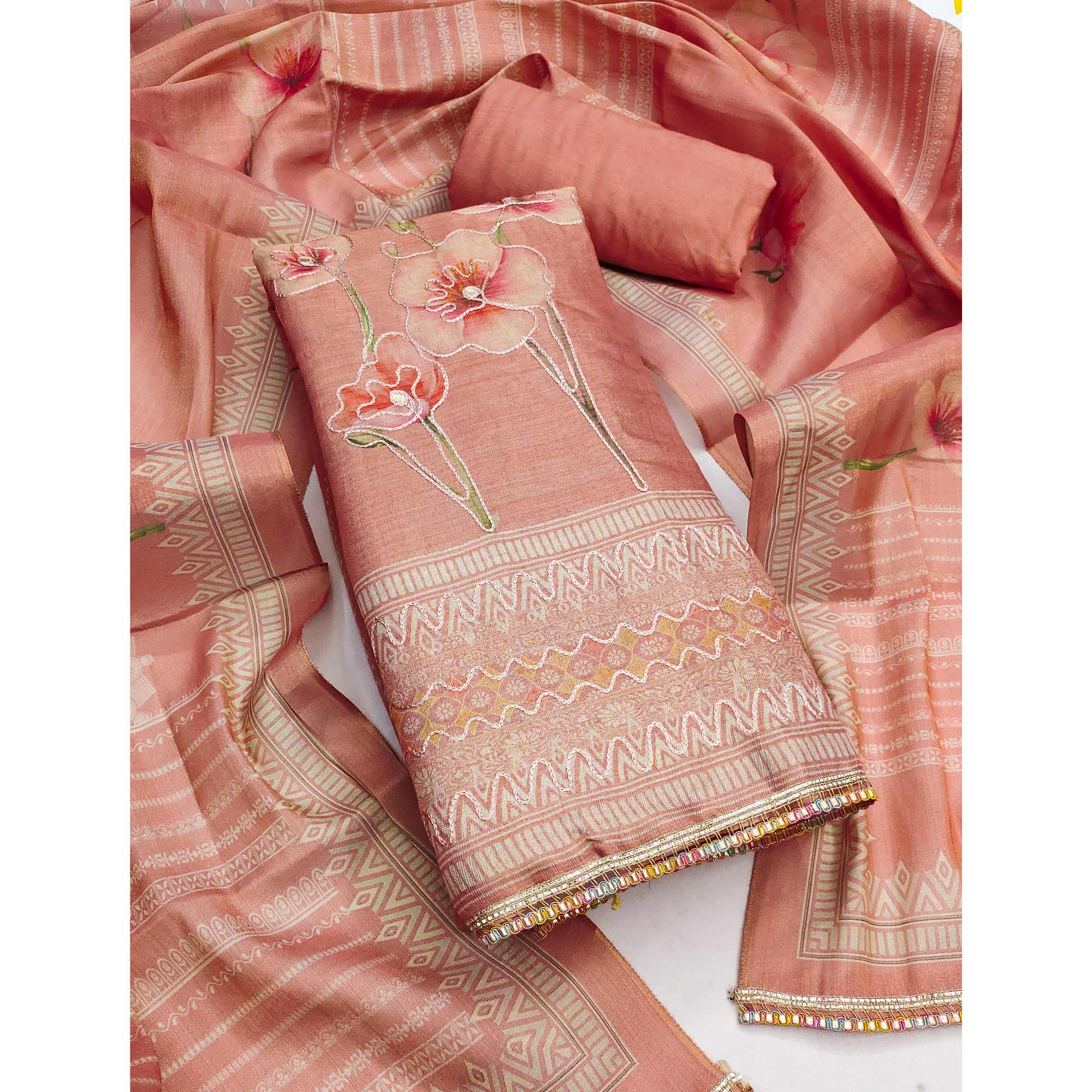 Peach Cotton Silk Dress Material Enhanced With Blooming Floral Digital Prints & Elegant Embroidery - Image 3