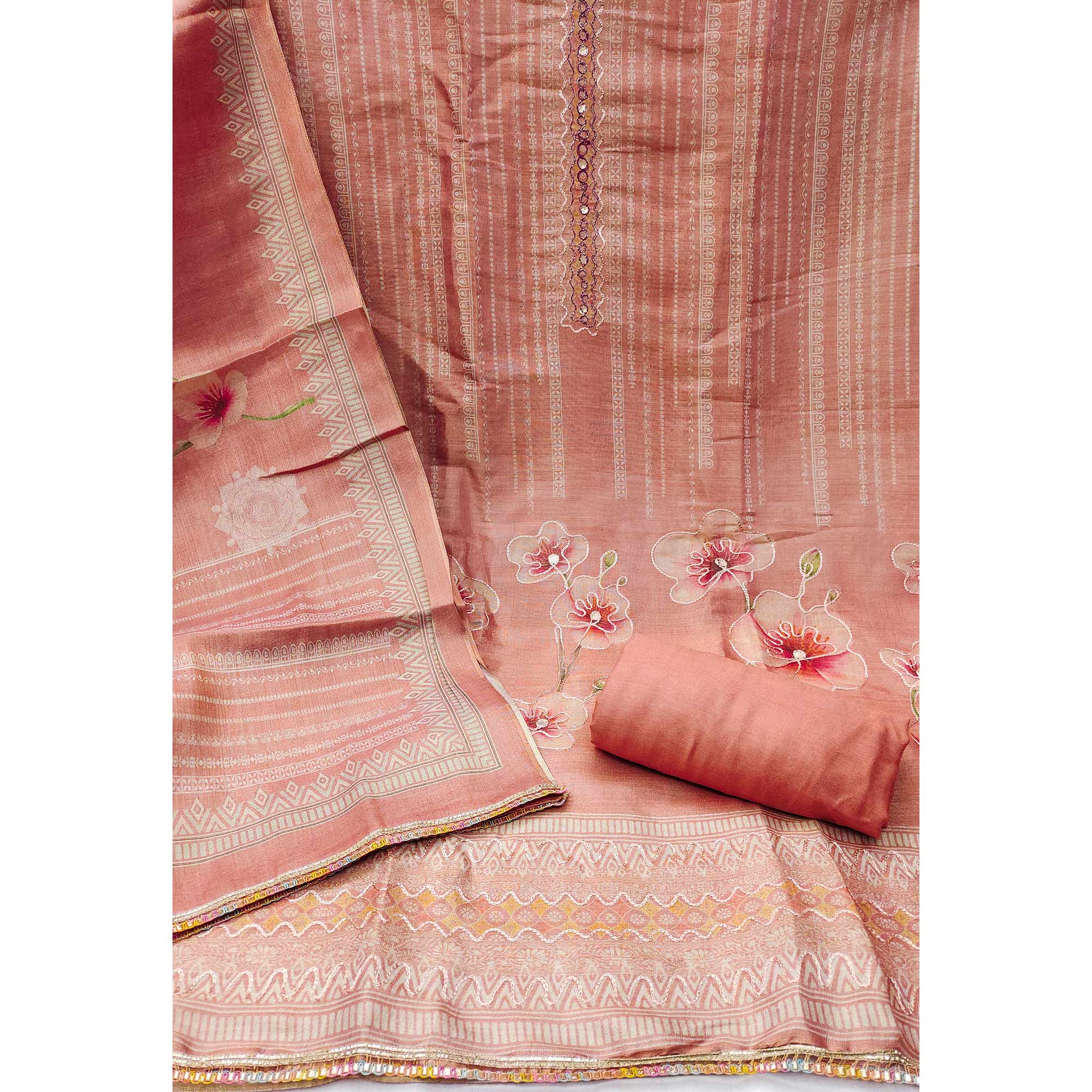 Peach Cotton Silk Dress Material Enhanced With Blooming Floral Digital Prints & Elegant Embroidery - Image 4