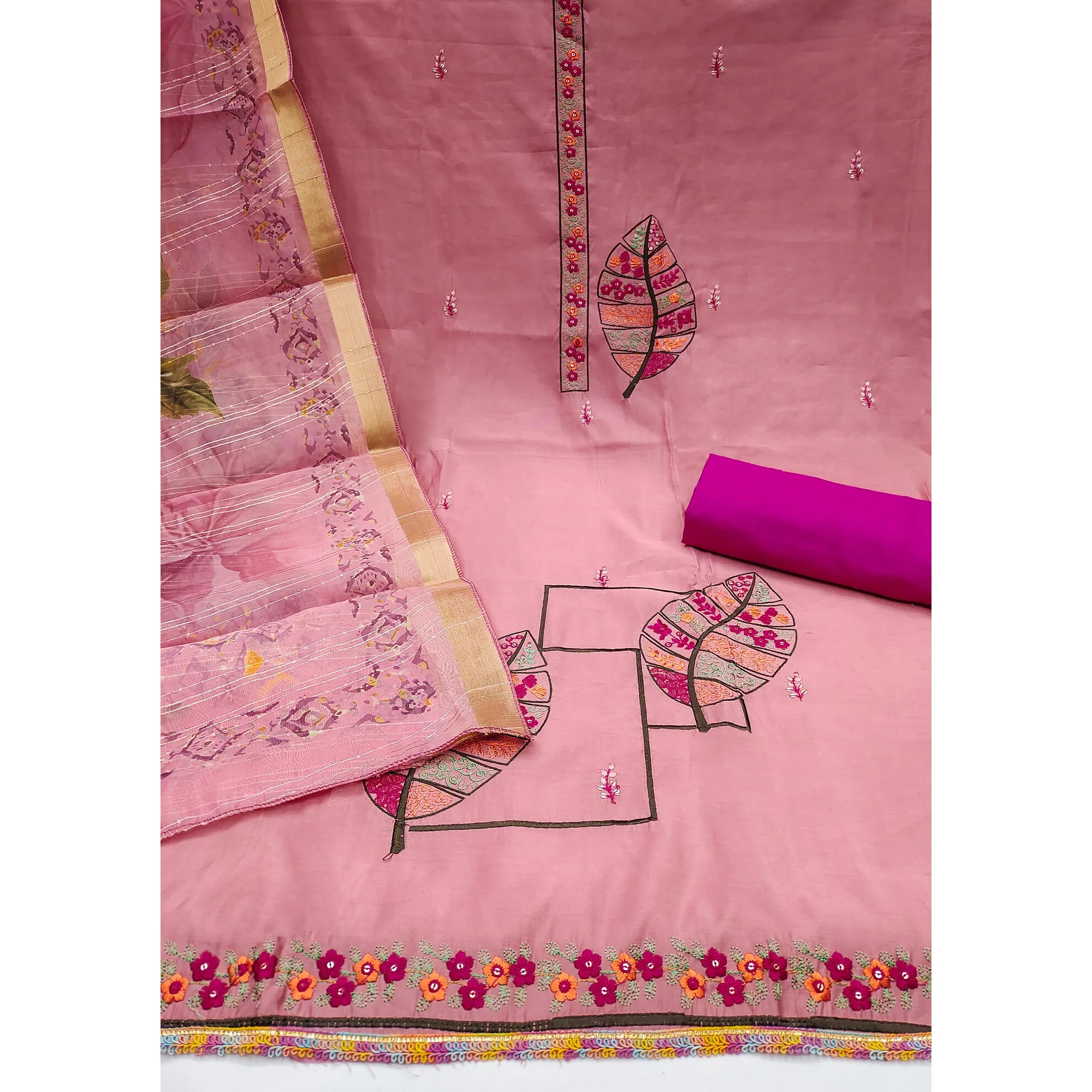 Peach Delight Floral Sequins Embroidered Cotton Silk Dress Material - Image 4