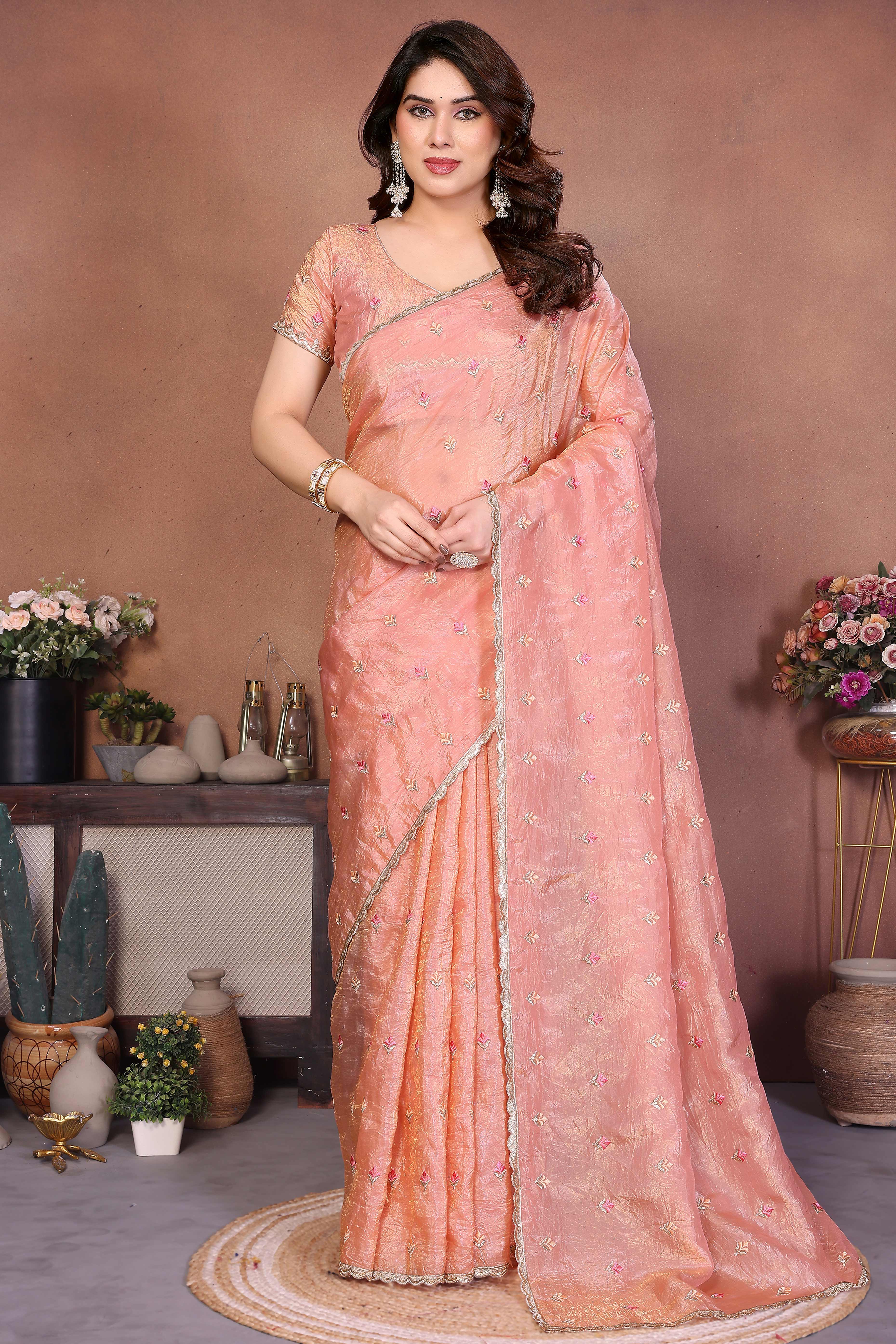 Peach Designer Crepe Saree Enhanced with Delicate Thread Work Embroidery