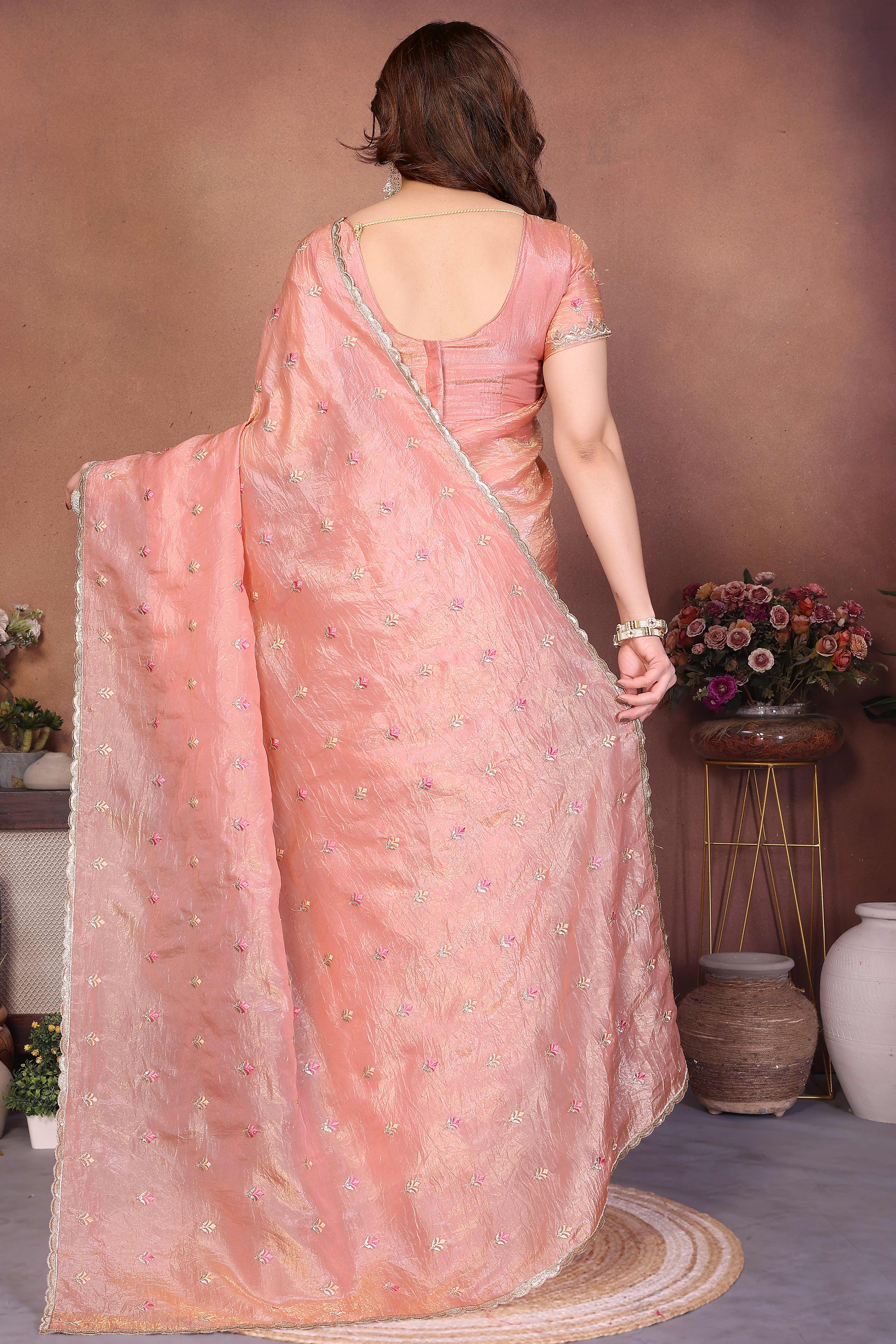 Peach Designer Crepe Saree Enhanced with Delicate Thread Work Embroidery - Image 5