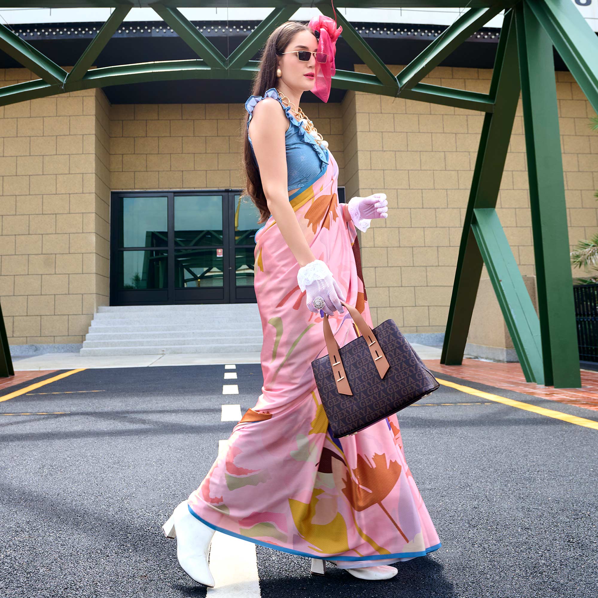 Peach Digital Printed Pure Satin Saree - Image 3