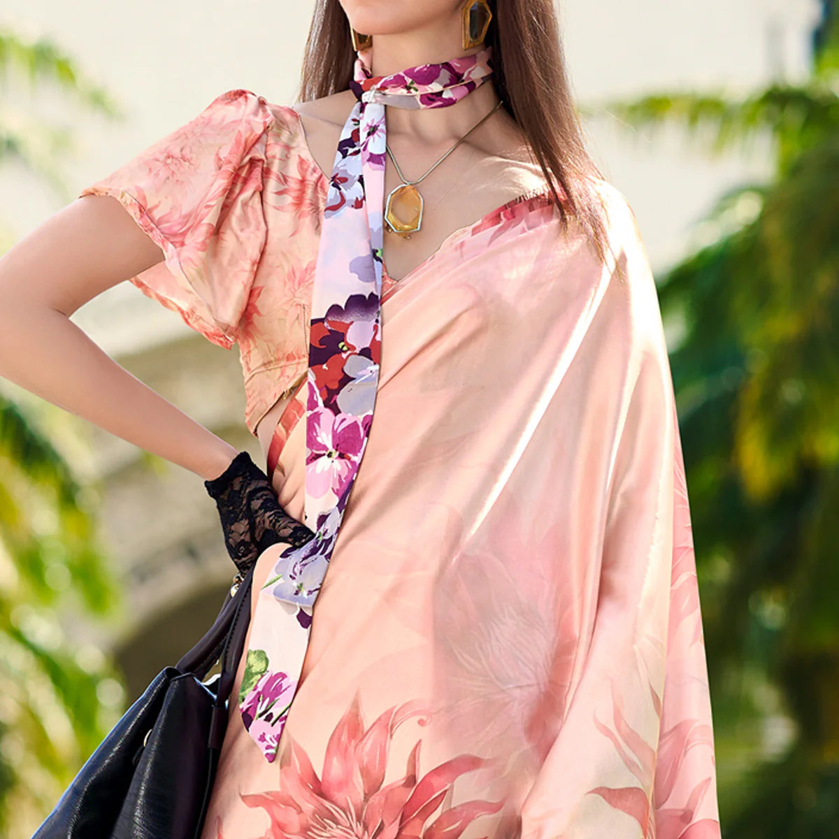Peach Digital Printed Pure Satin Saree - Image 3