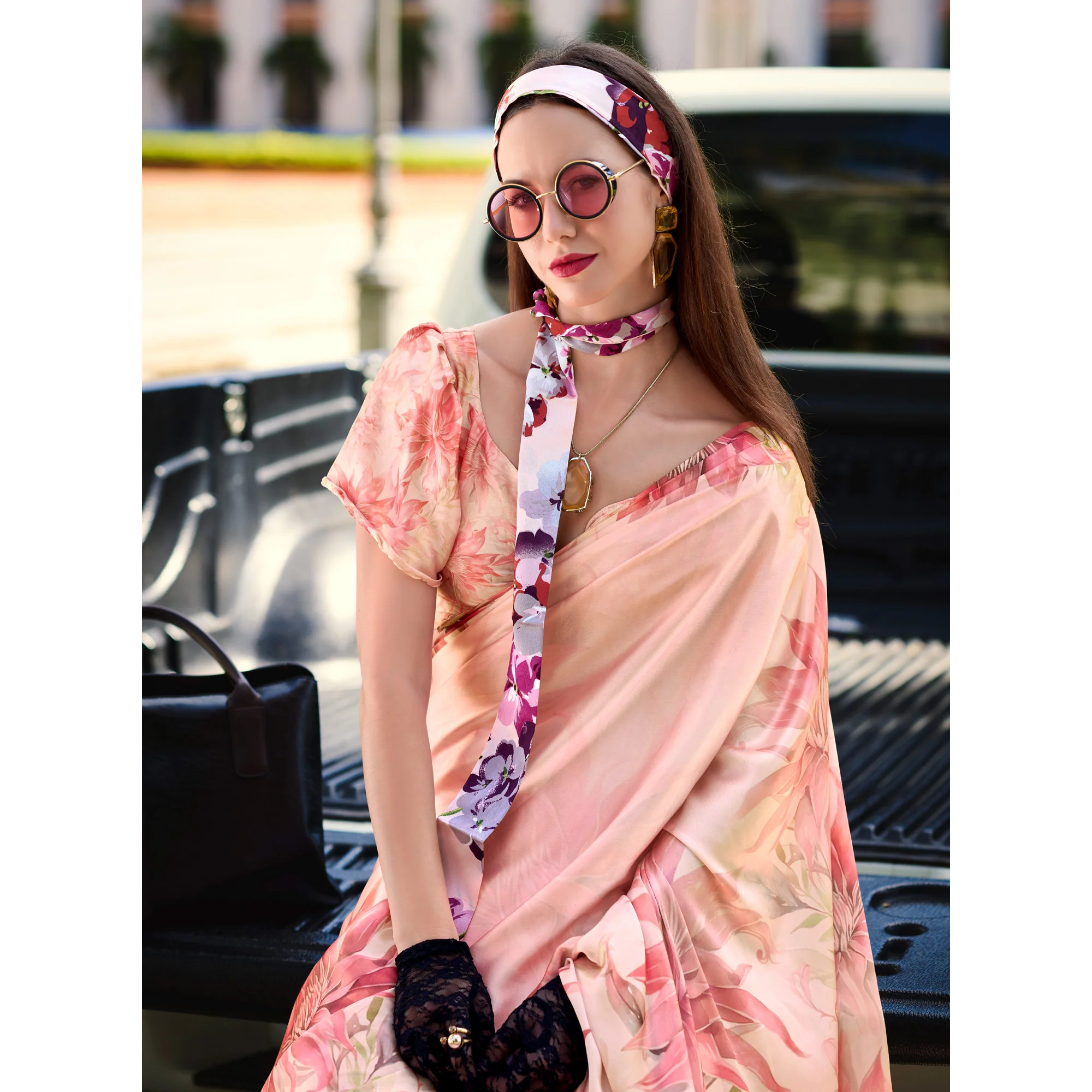 Peach Digital Printed Pure Satin Saree - Image 4