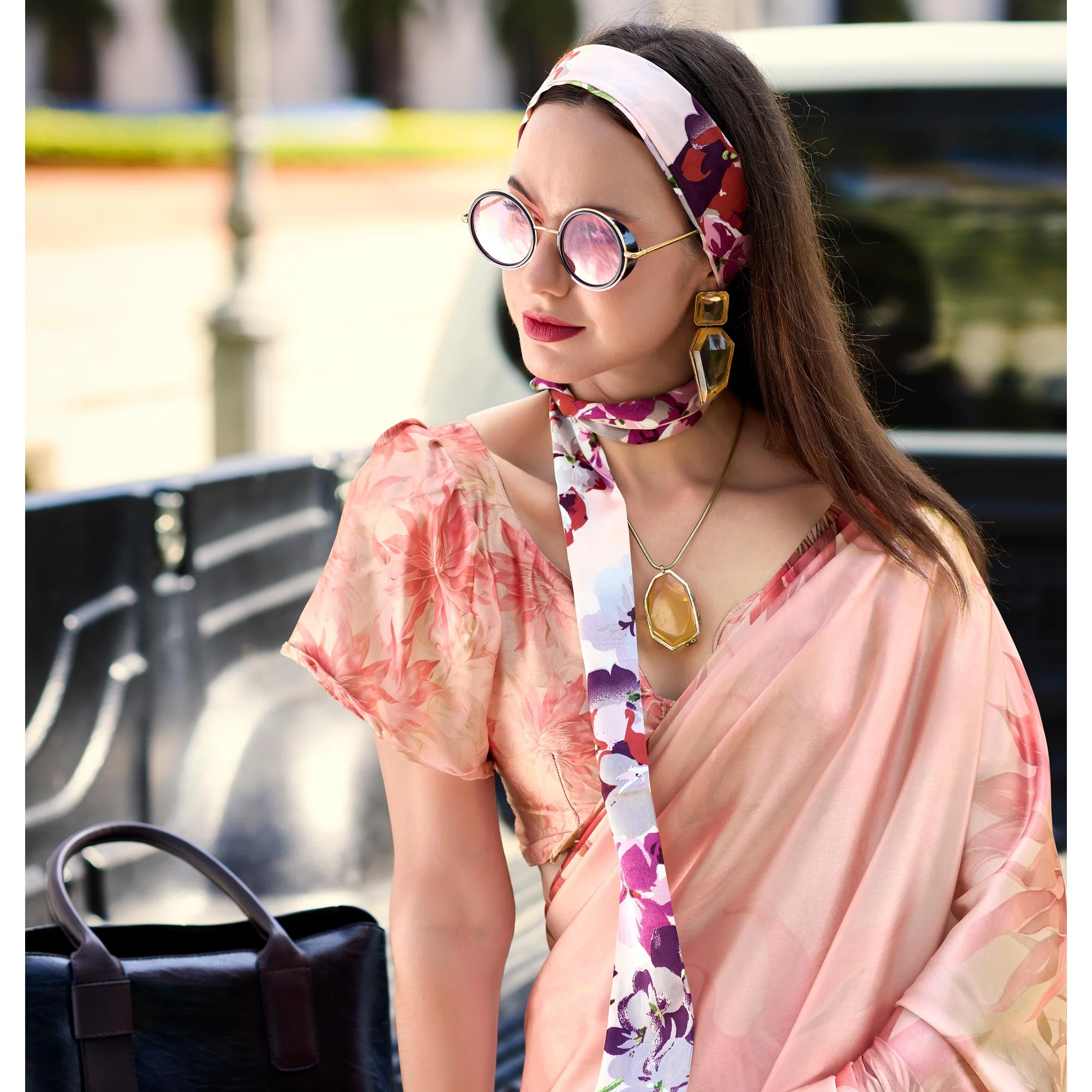 Peach Digital Printed Pure Satin Saree - Image 5
