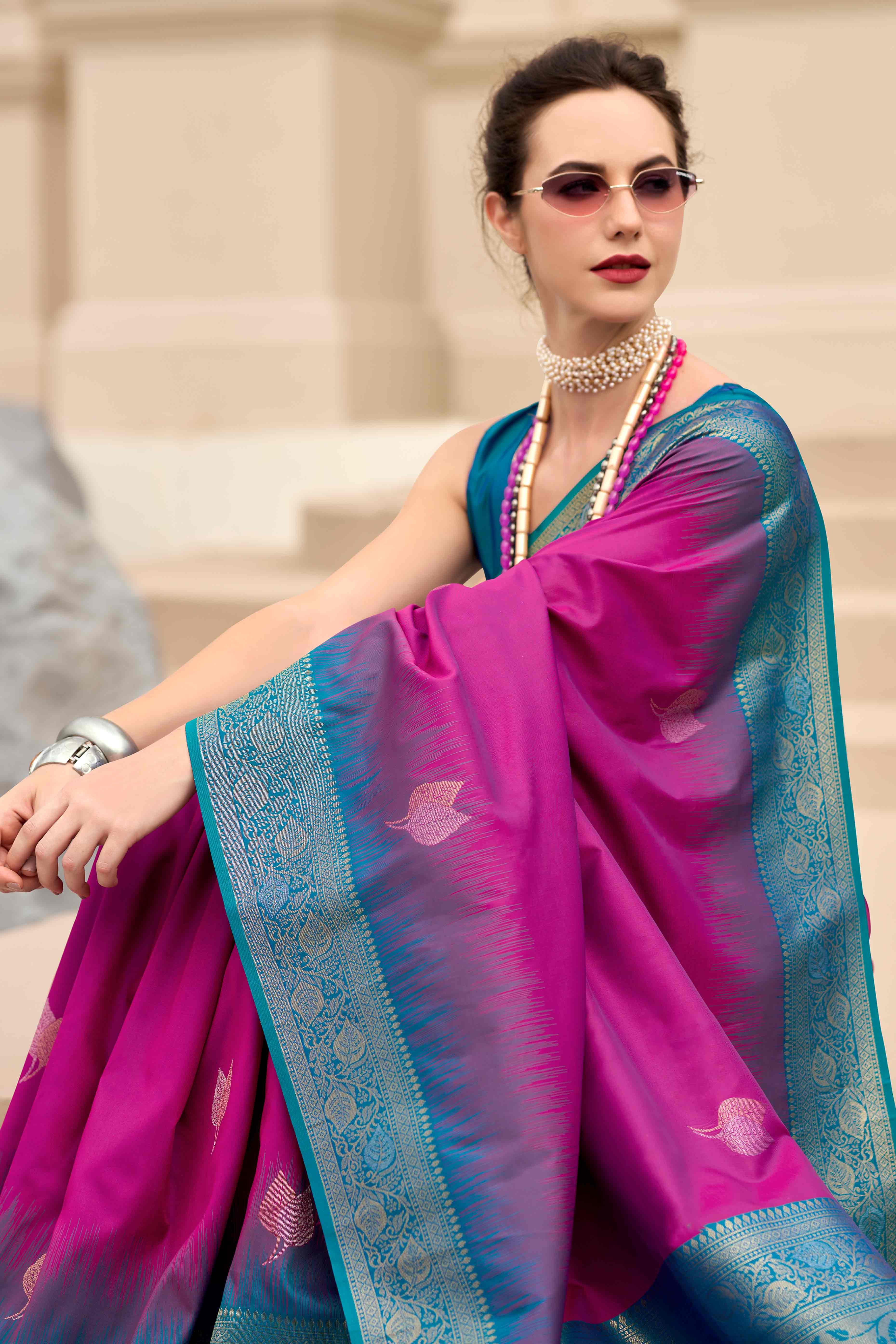 Warm Purple Zari Weaving Pure Silk Saree - Image 3