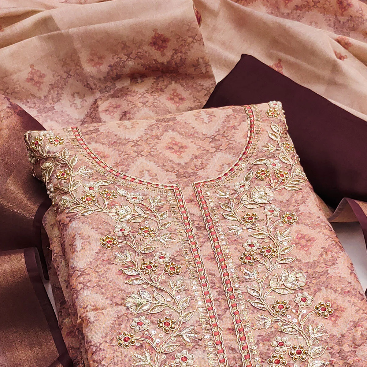 Peach Digital Printed With Hand Embroidered Cotton Silk Dress Material - Image 2