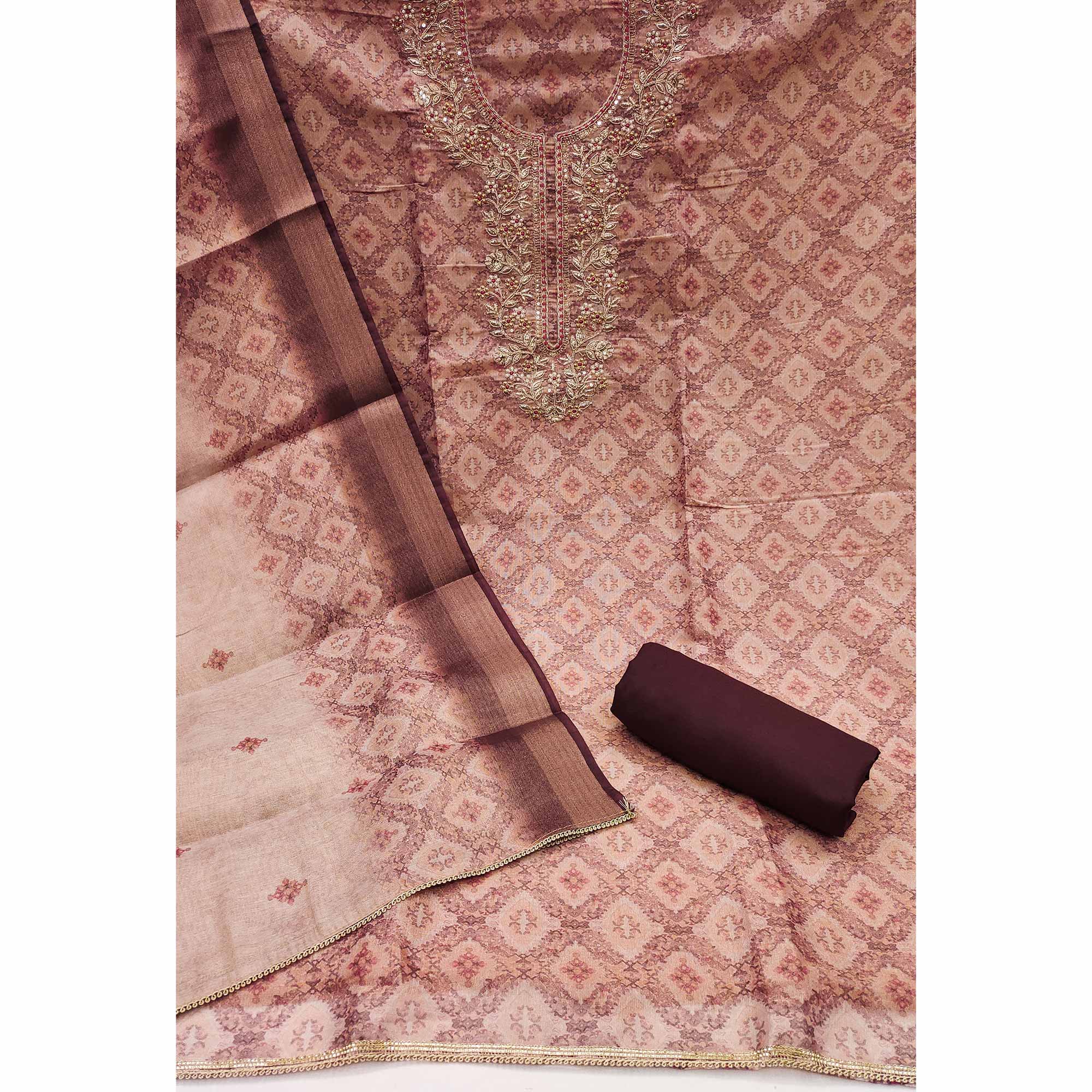 Peach Digital Printed With Hand Embroidered Cotton Silk Dress Material - Image 4