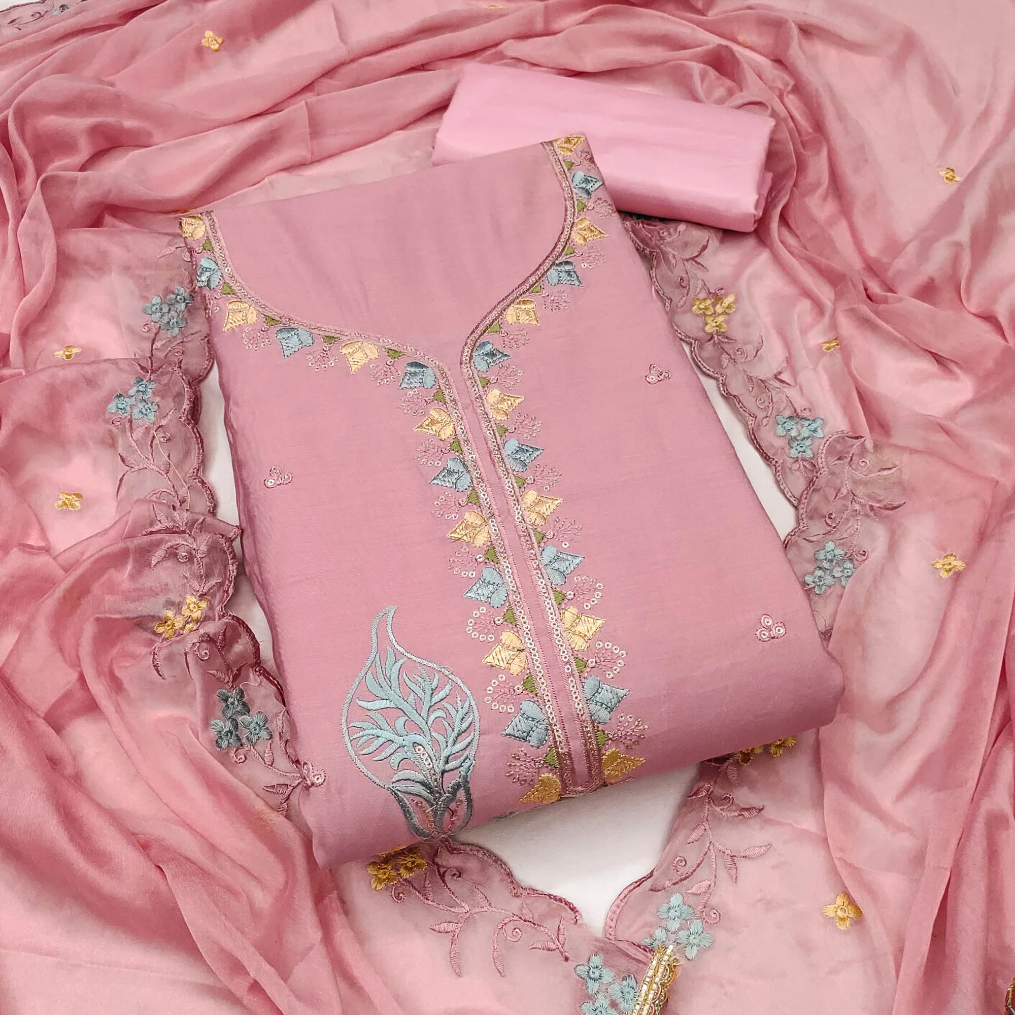 Peach Dress Material In Cotton Silk With Floral Embroidery & Sequin Accents