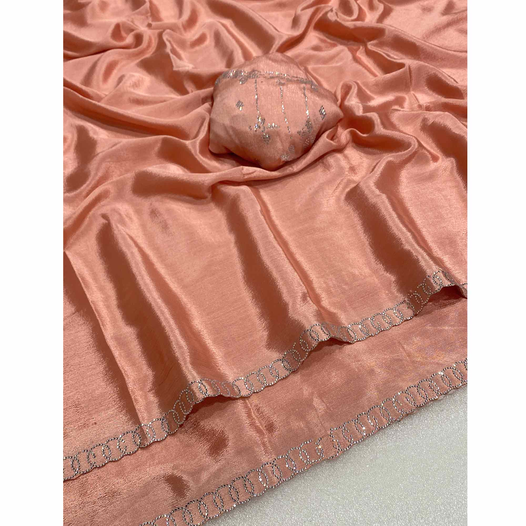 Peach Embellished Silk Blend Saree Featuring Fine Swarovski Stone Detailing - Image 4