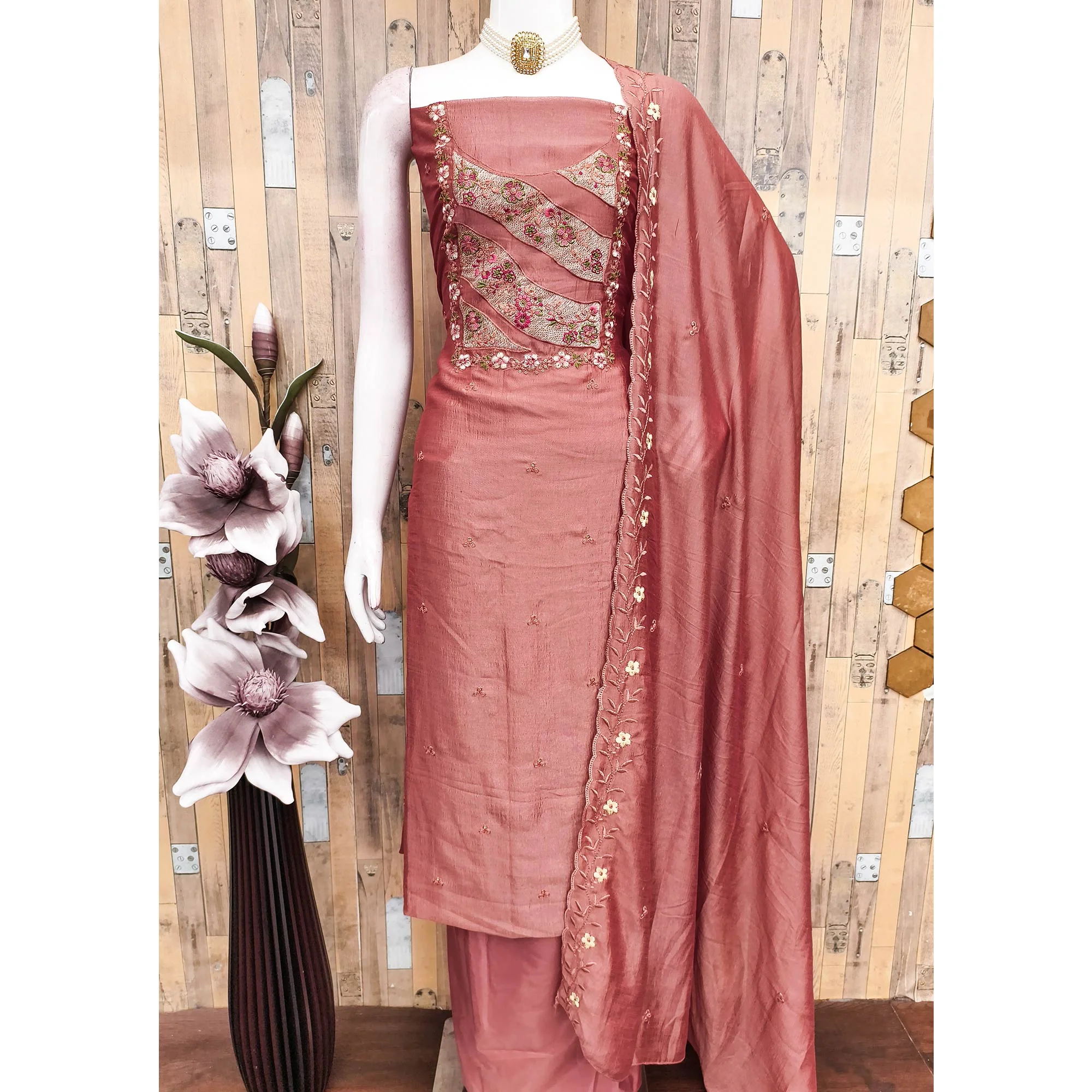 Peach Embellished Vichitra Silk Dress Material with Graceful Floral Embroidery Work - Image 3