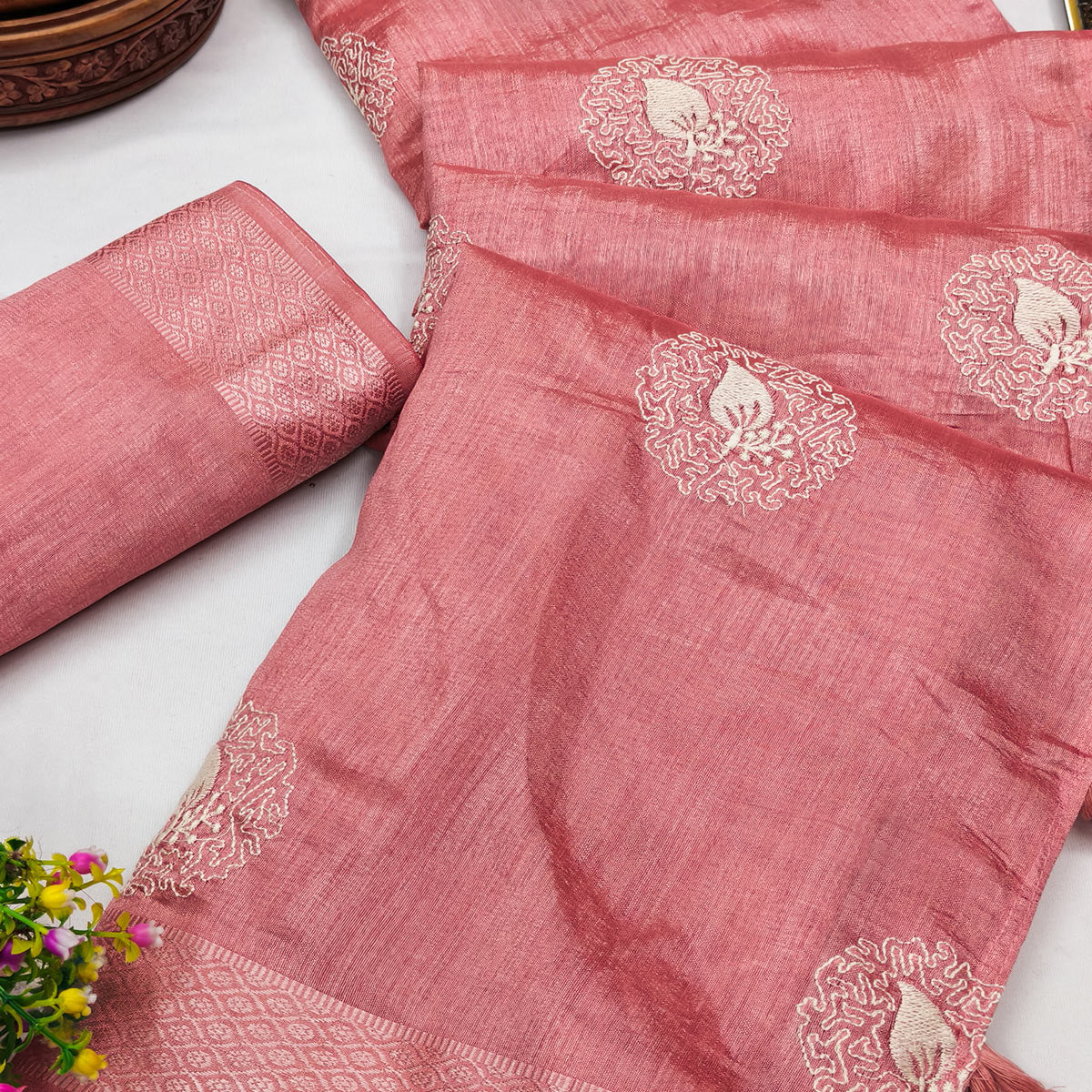 Peach Embroidered Art Silk Saree Adorned with Classic Zari Weaving Details - Image 2