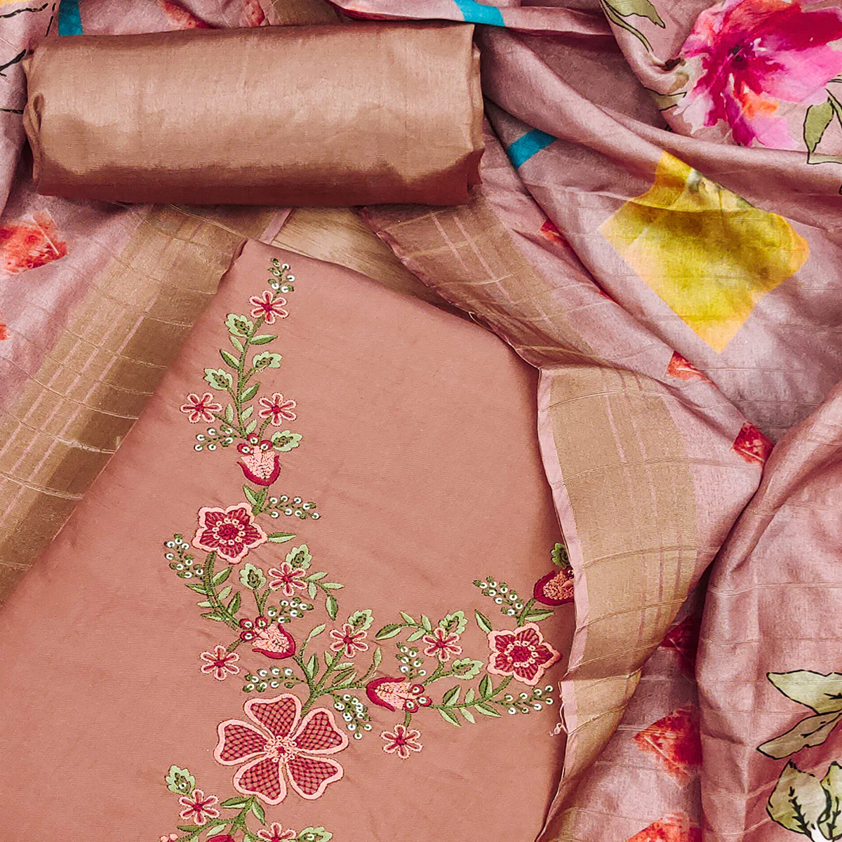 Peach Embroidered Chanderi Silk Dress Material - Image 2