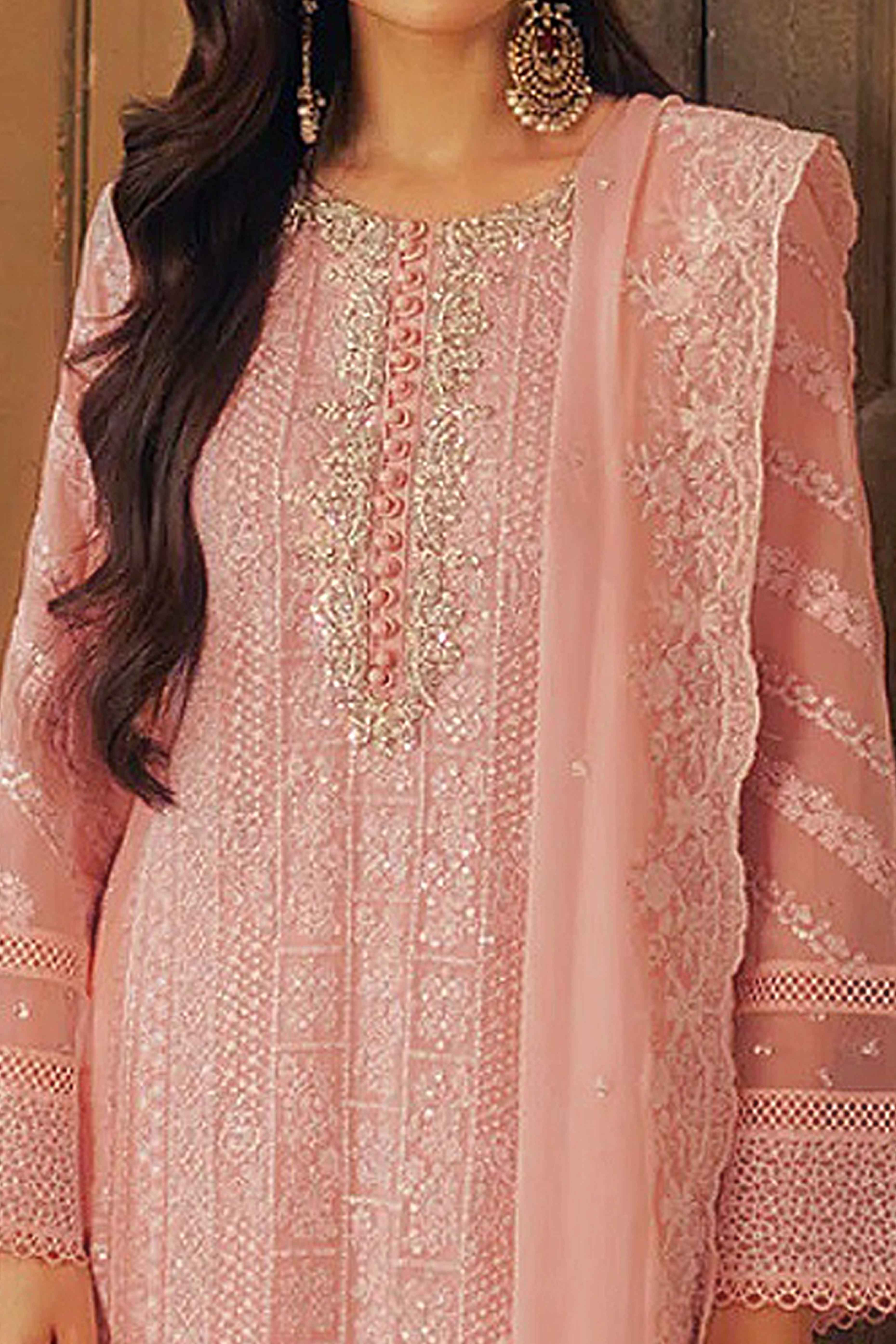 Peach Embroidered Georgette Semi-Stitched Pakistani Suit - Image 2