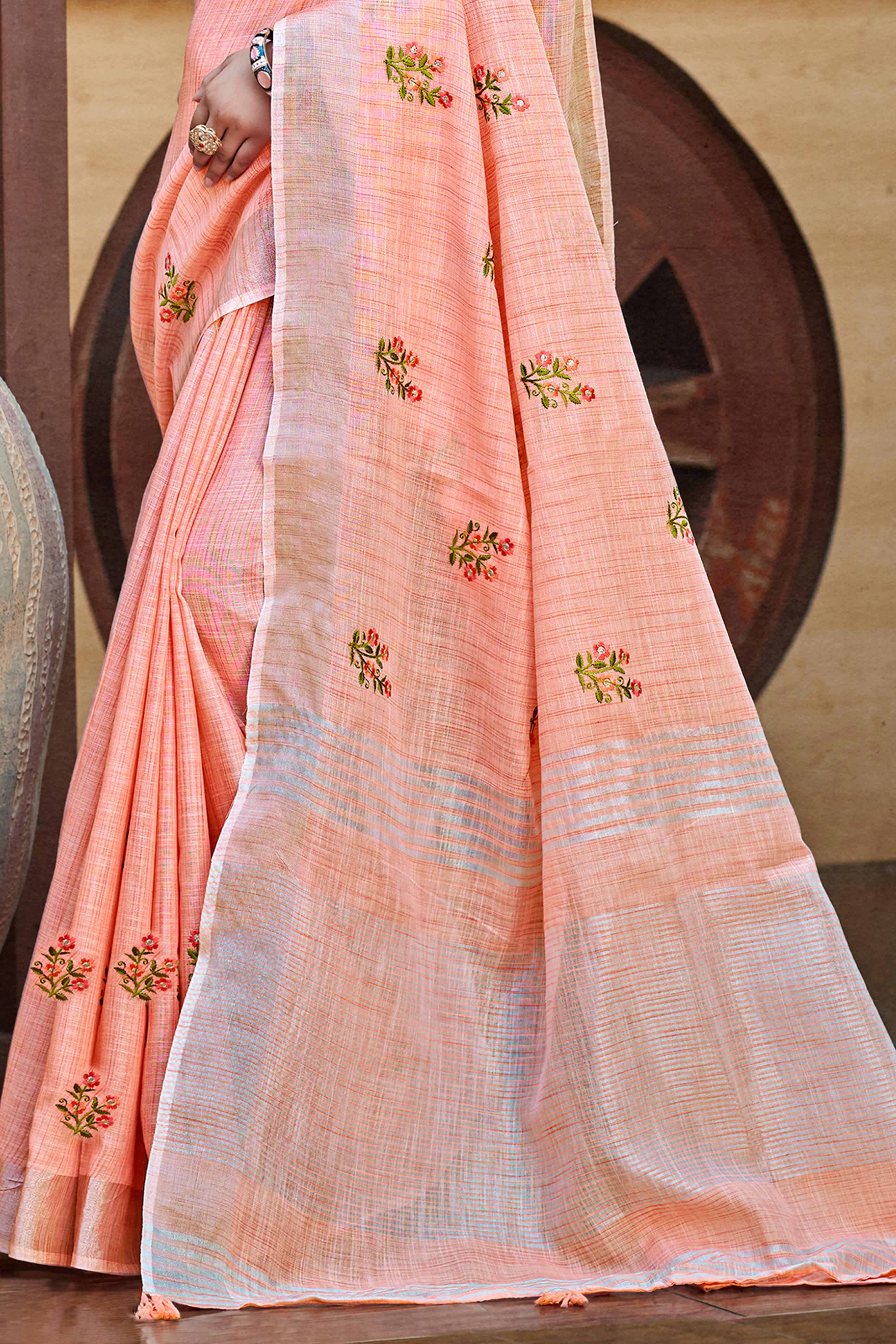 Peach Embroidered Linen Saree with Floral Motifs in Woven Fabric - Image 4