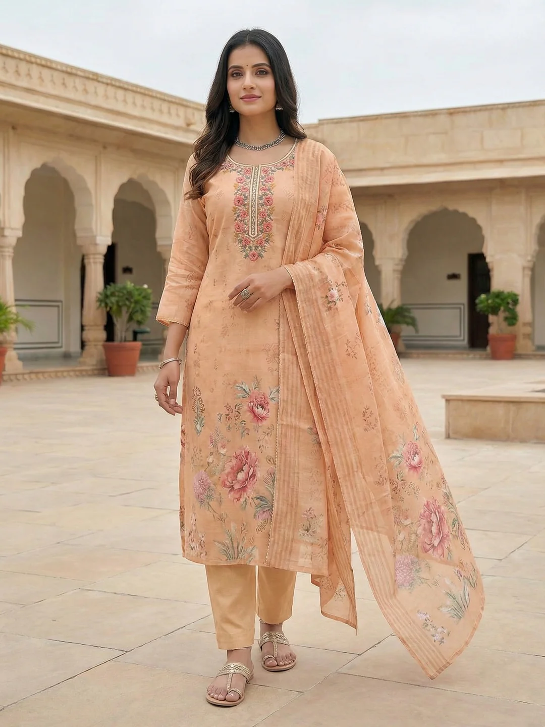 Peach Embroidered Linen Straight Fit Salwar Suit with Floral Print