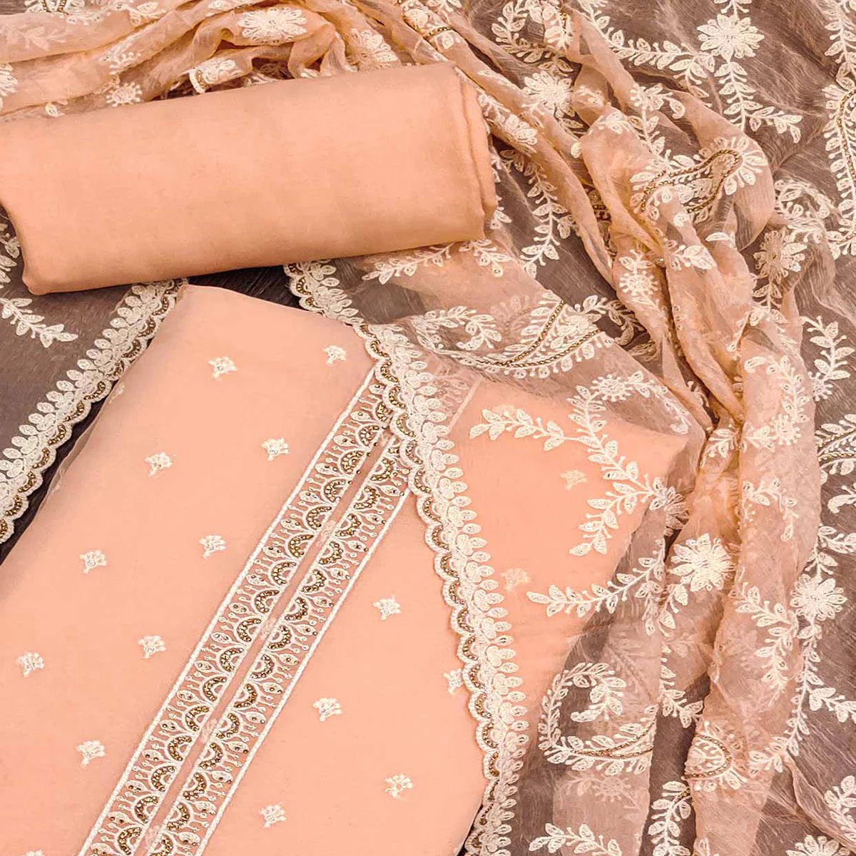 Peach Embroidered Organza Dress Material - Image 2