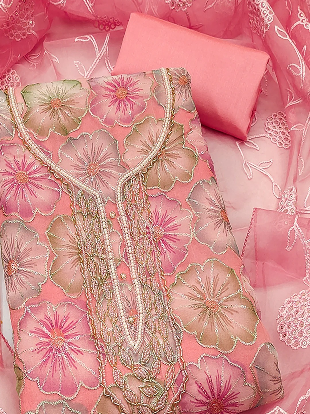 Peach Embroidered Organza Fabric Set Featuring Intricate Beads Work Detailing - Image 4