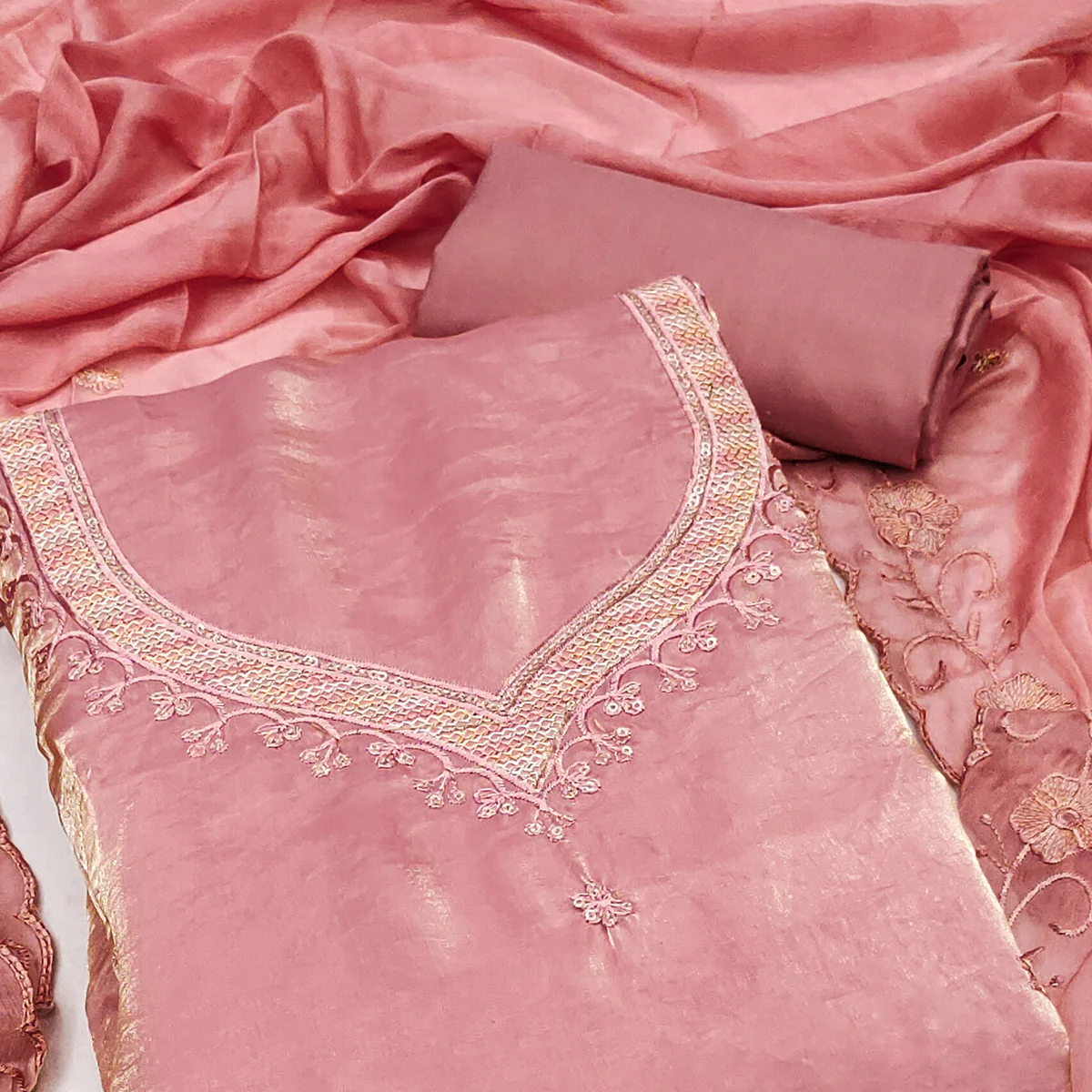 Peach Ensemble With Floral Sequins Embroidery Detailing On Satin Viscose Dress Material - Image 2