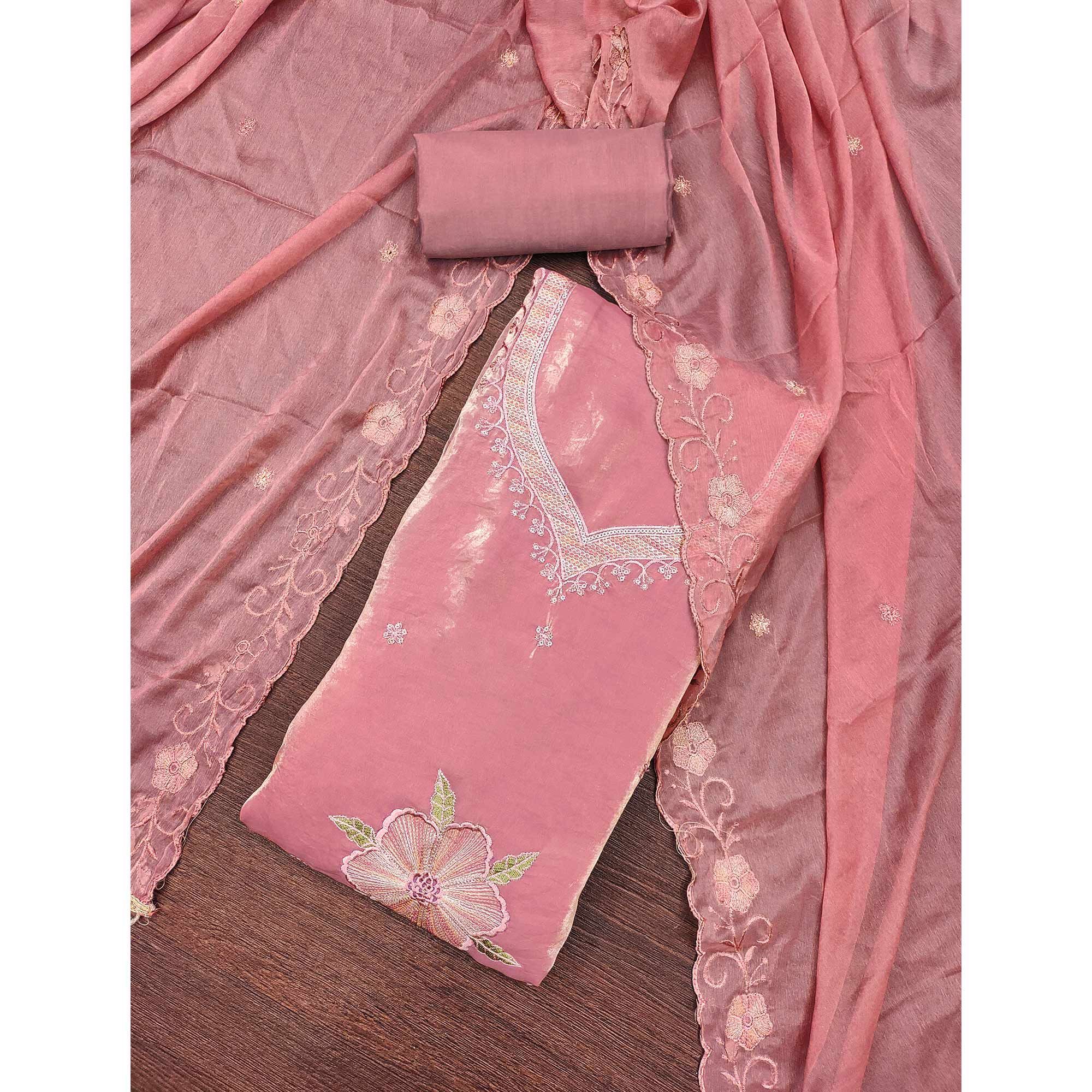 Peach Ensemble With Floral Sequins Embroidery Detailing On Satin Viscose Dress Material - Image 3