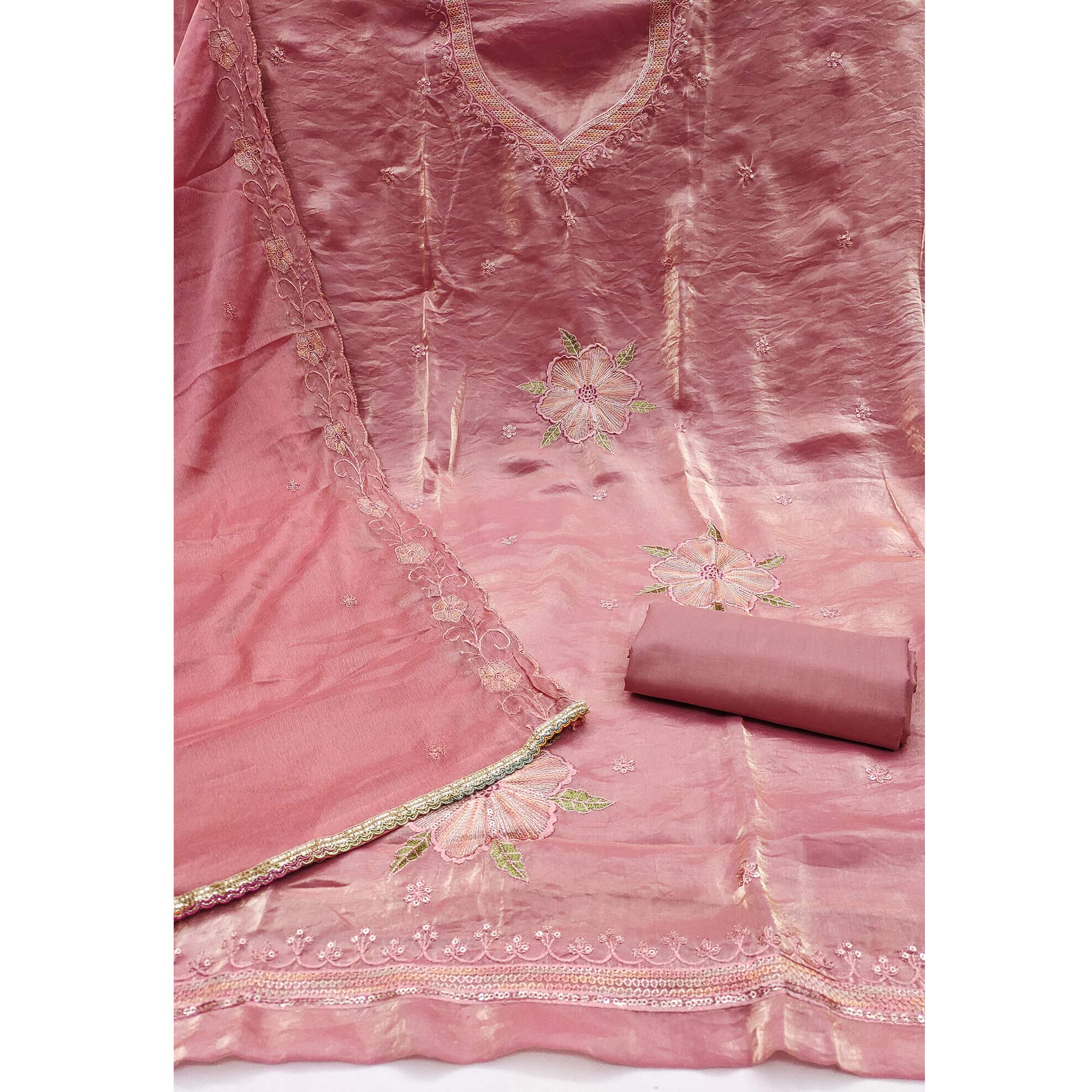 Peach Ensemble With Floral Sequins Embroidery Detailing On Satin Viscose Dress Material - Image 4