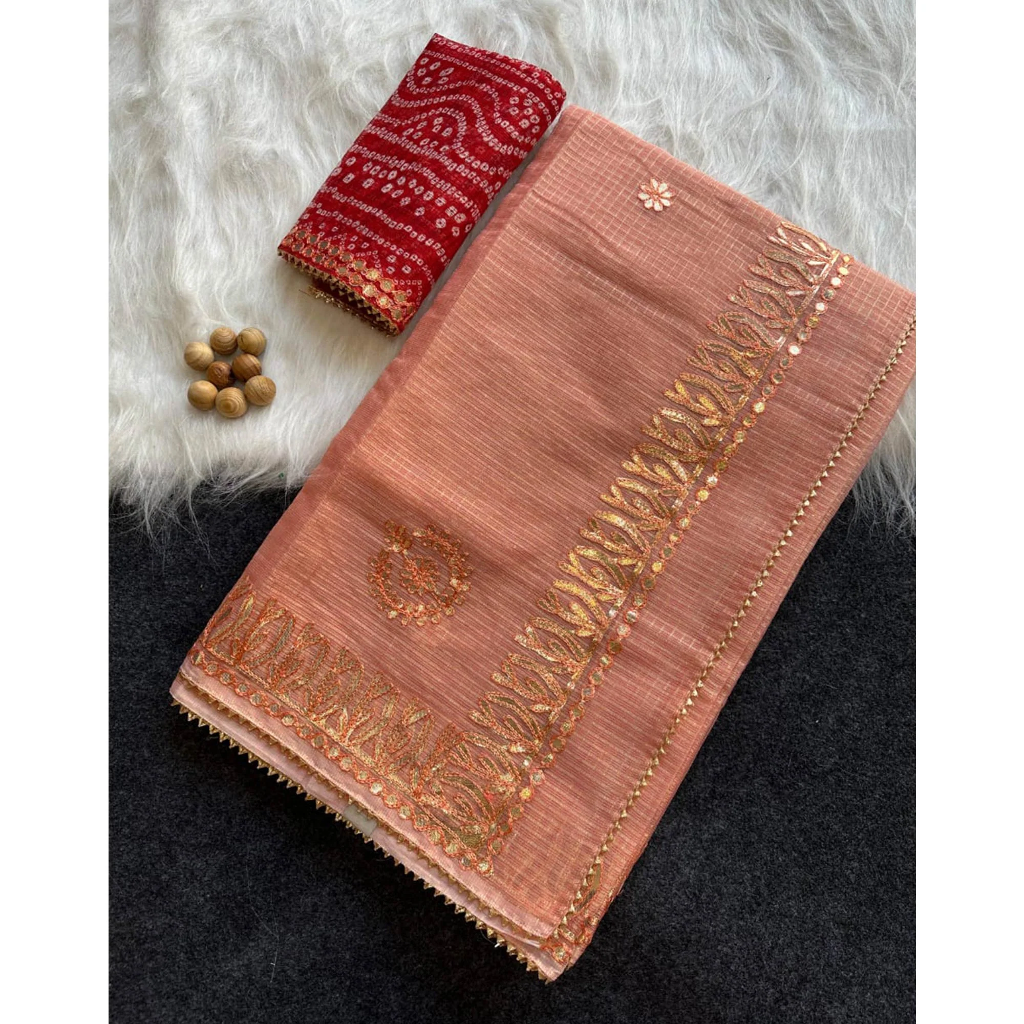 Peach Festive Kota Doria Saree Decorated with Classic Gota Work Embroidery - Image 4