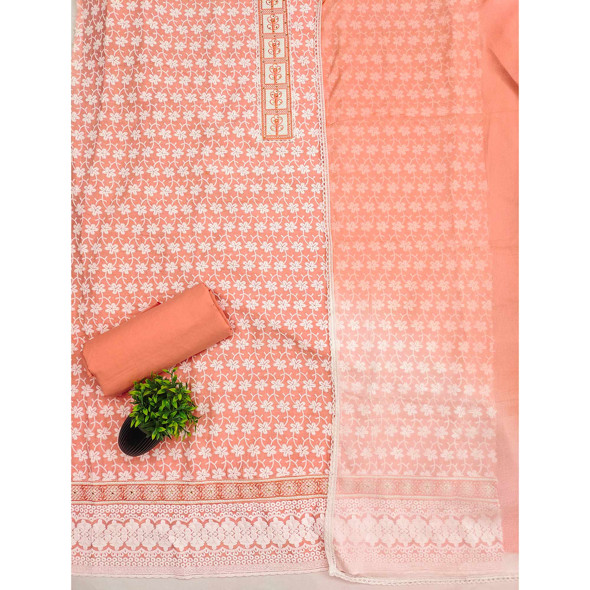 Peach Floral Chikankari Embroidered With Stone Work Dress Material In Premium Cotton Blend - Image 3