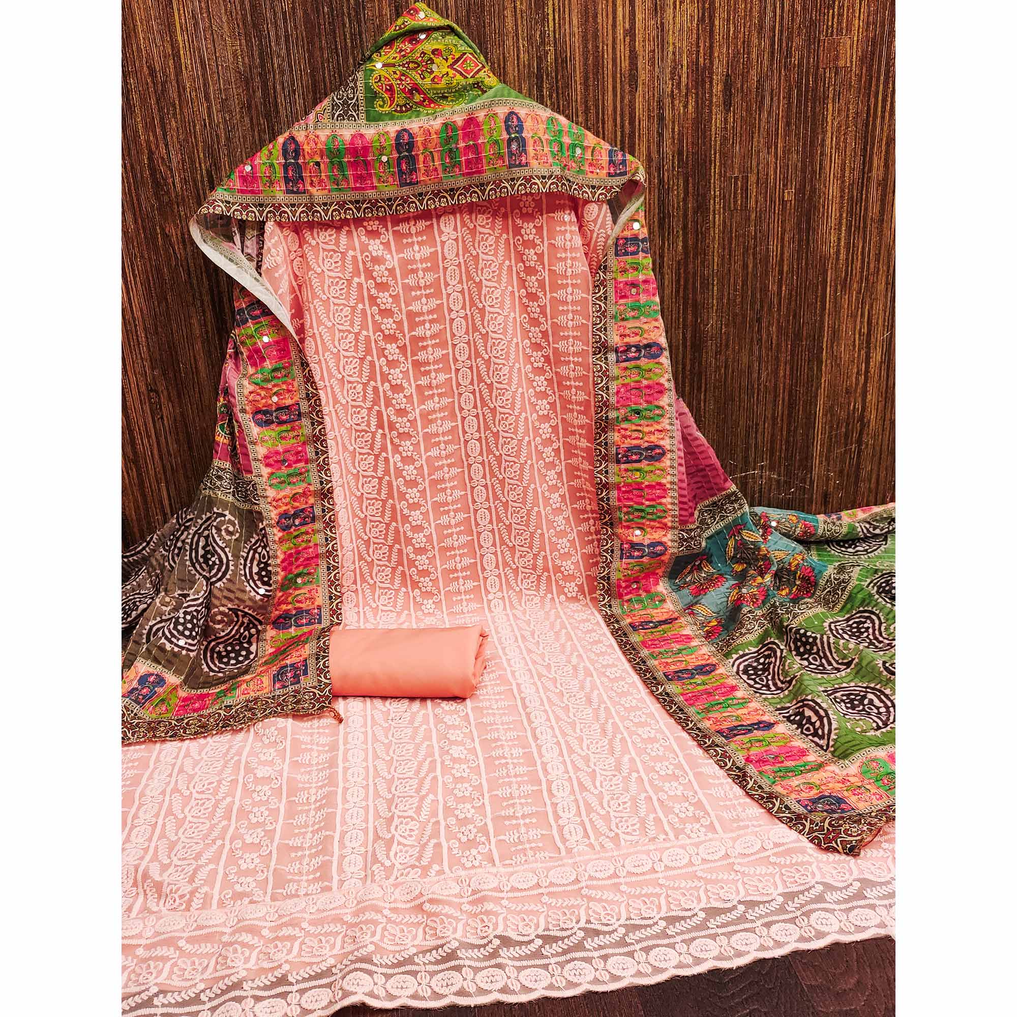 Peach Floral Chikankari Work Georgette Dress Material - Image 3