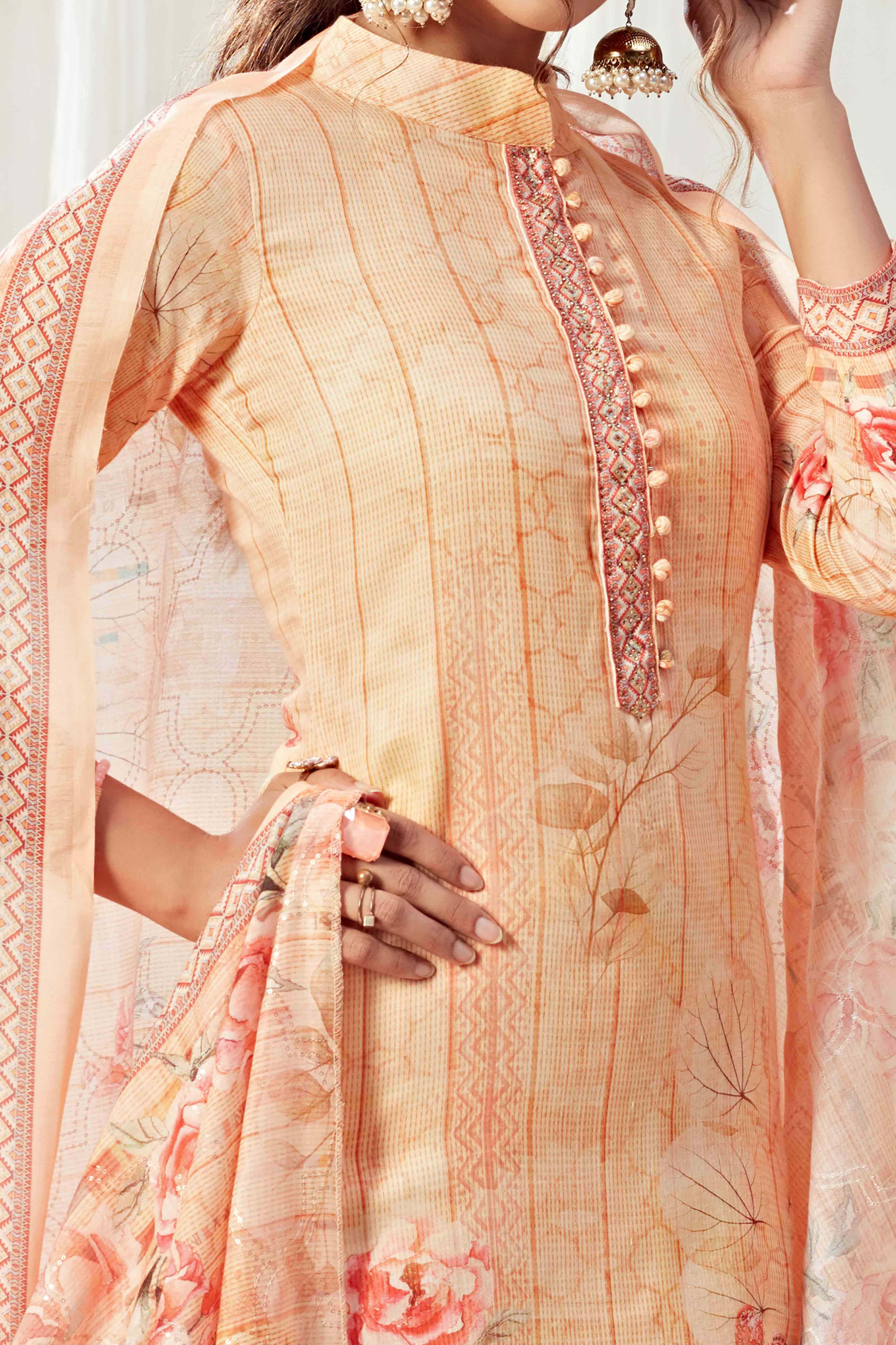 Peach Floral Digital Print Pure Cotton Dress Material With Sparkling Swarovski Embellishments - Image 2