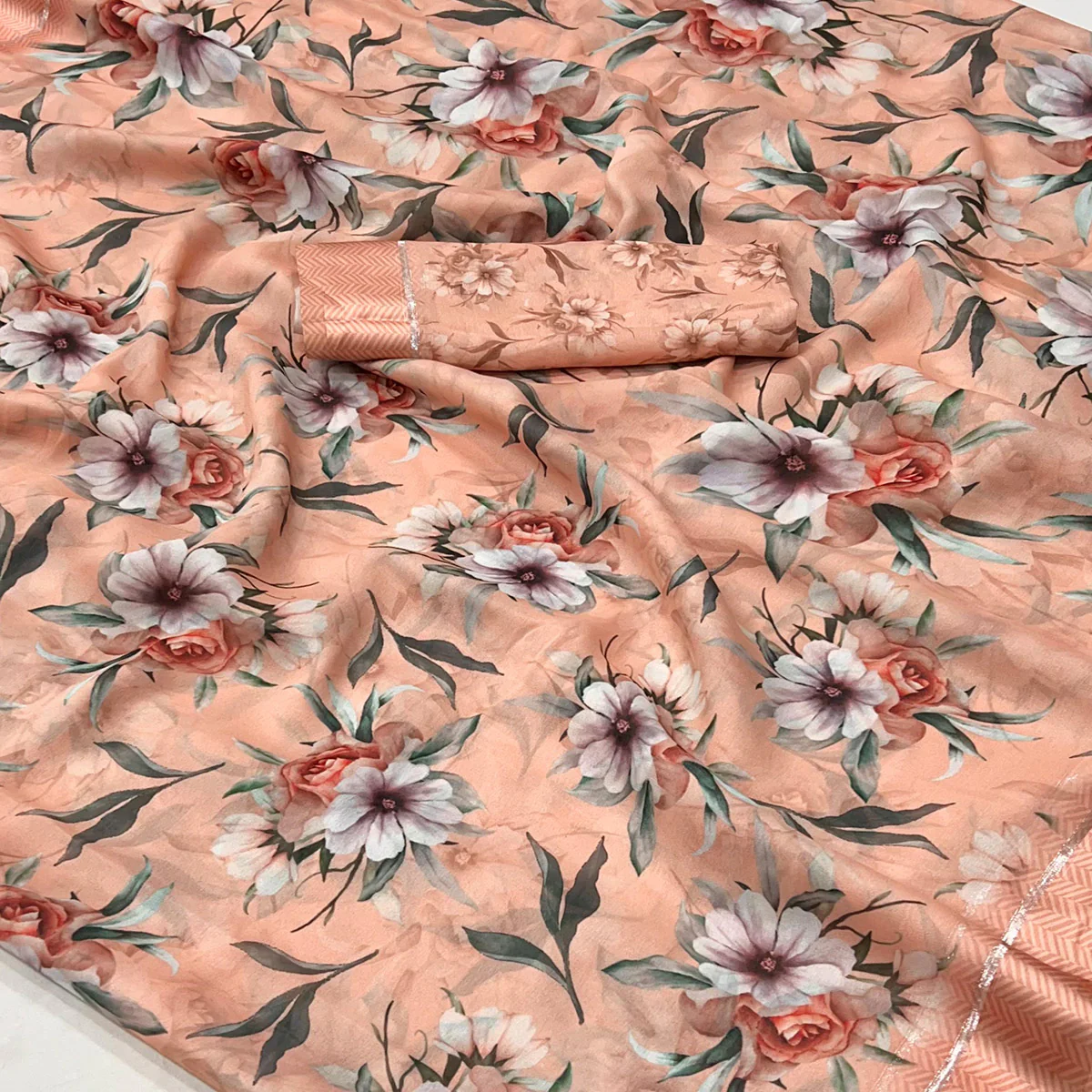 Peach Floral Digital Printed Georgette Saree With Fancy Zari Border - Image 2
