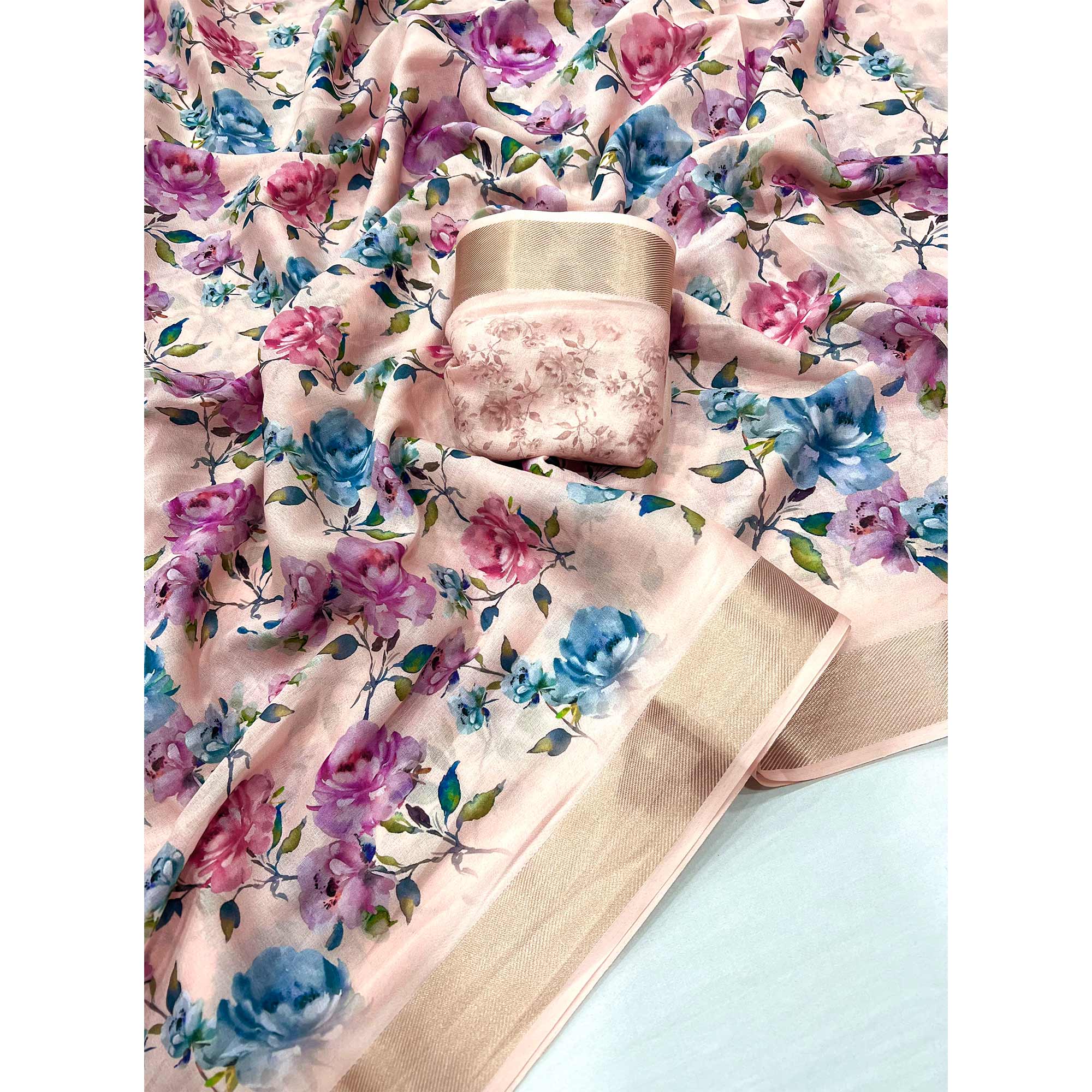Peach Floral Digital Printed Moss Georgette Saree With Zari Border - Image 3